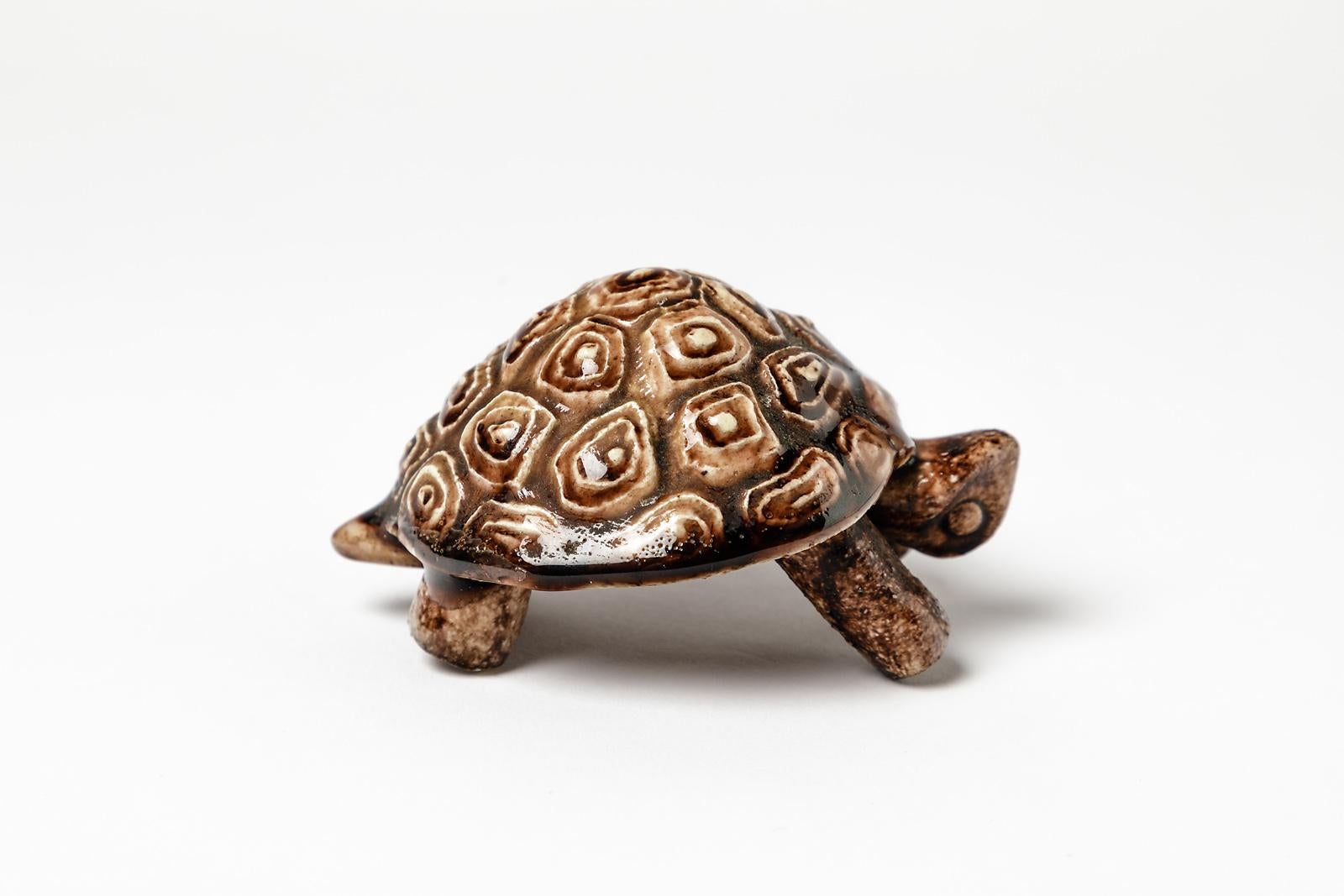 Animal Ceramic Sculpture by Accolay Midcentury Tortoise Brown Pottery Color In Excellent Condition In Neuilly-en- sancerre, FR