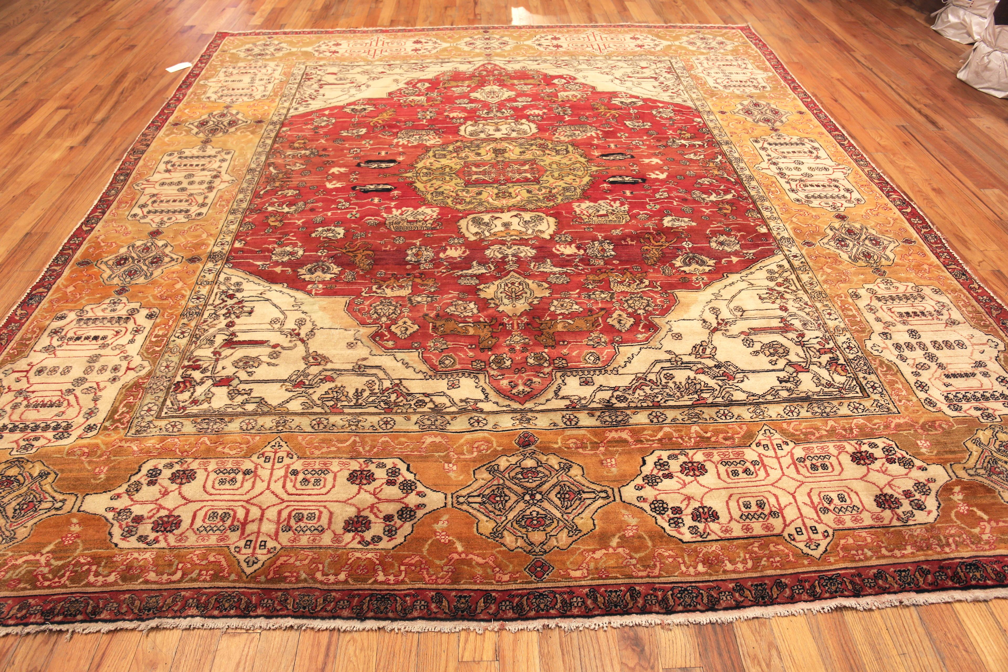 Animal Design Antique Indian Agra Rug, Country of Origin: India. Circa date: 1880. Size: 10 ft 9 in x 12 ft 4 in (3.28 m x 3.76 m)
