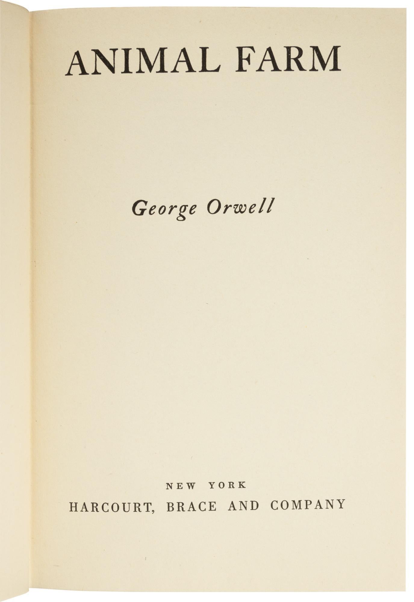 Orwell, George. Animal Farm. New York: Harcourt, Brace and Company, [1946]. First U.S. Edition. Octavo. In publisher's original first edition dust jacket and black cloth hardcover boards. With new archival quarter leather and cloth clamshell. 

This