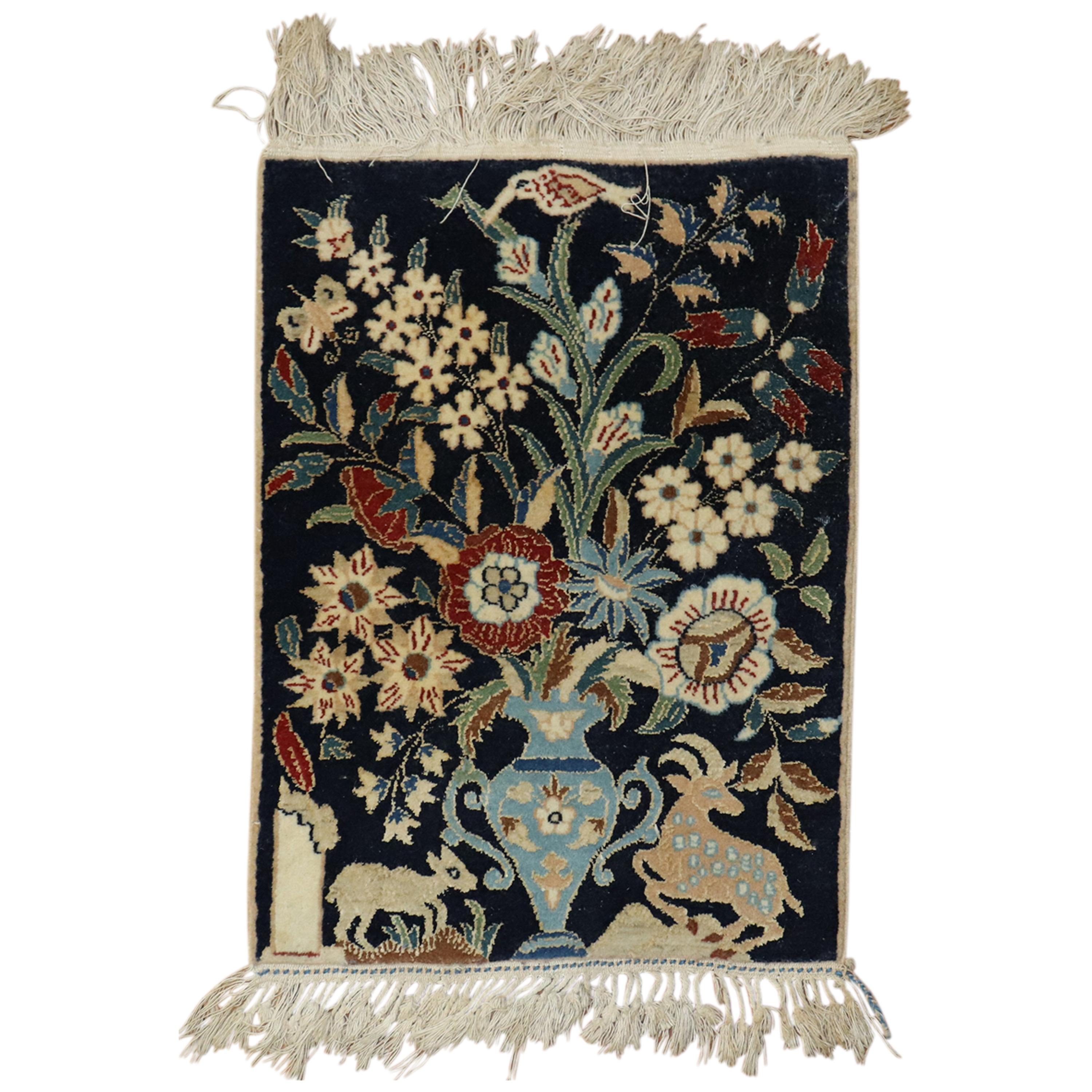Persischer Nain-pictorial-Teppich mit Tierblumen, Tiermotiv, 20. Jahrhundert