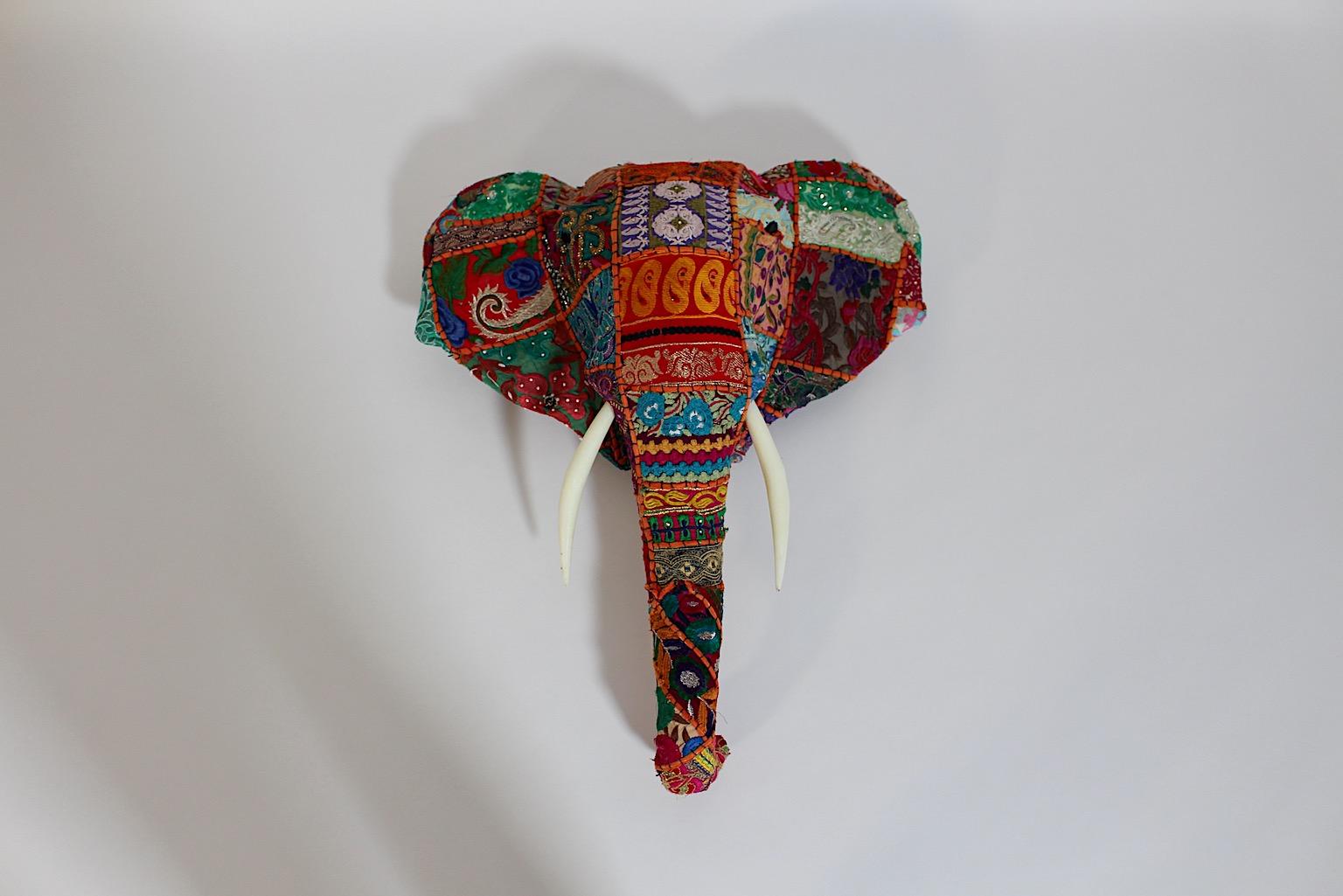 Modern Animal Folk Art Vintage Patchwork Fabric Embroidery Elephant Head c 1980s India For Sale