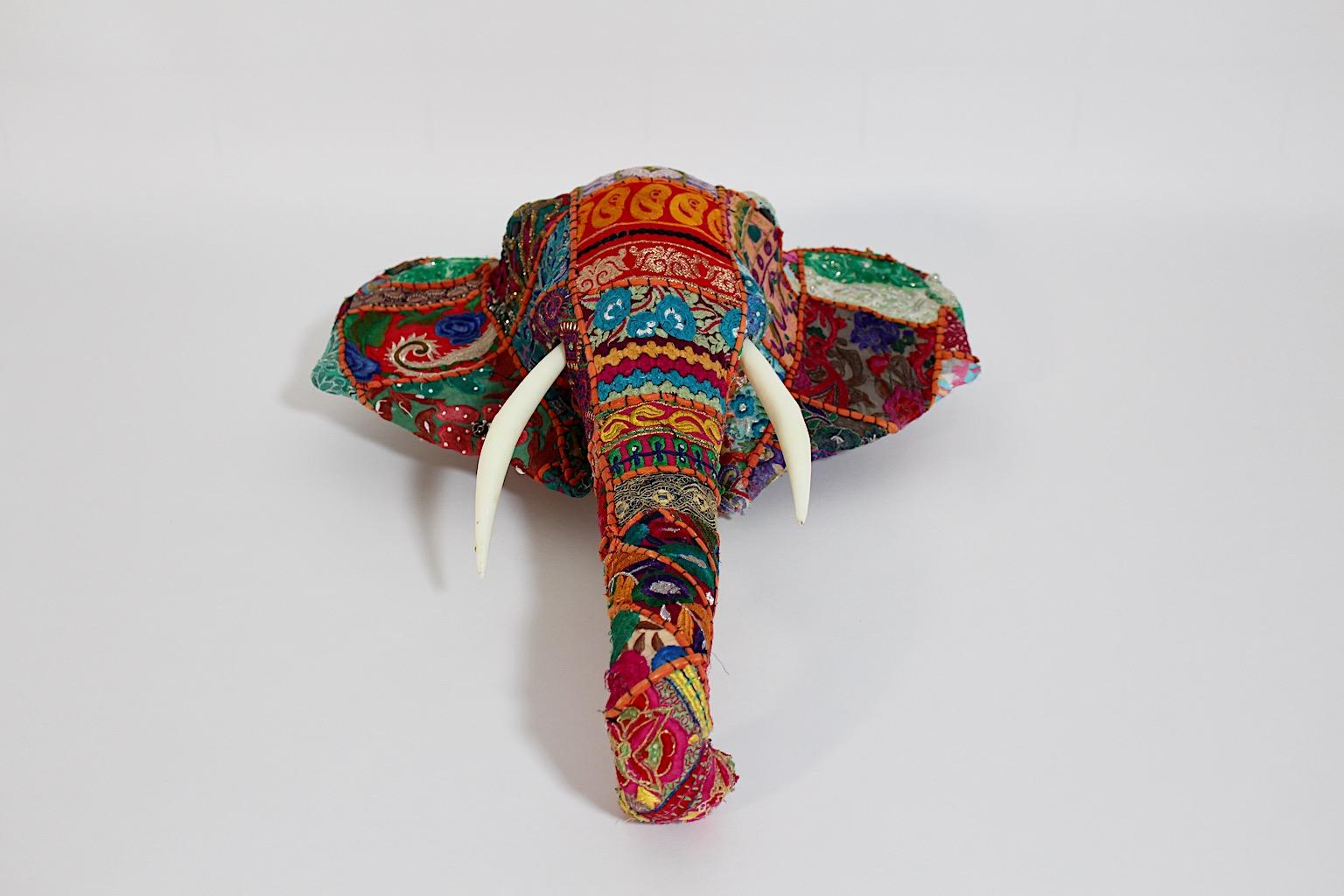 Indian Animal Folk Art Vintage Patchwork Fabric Embroidery Elephant Head c 1980s India For Sale