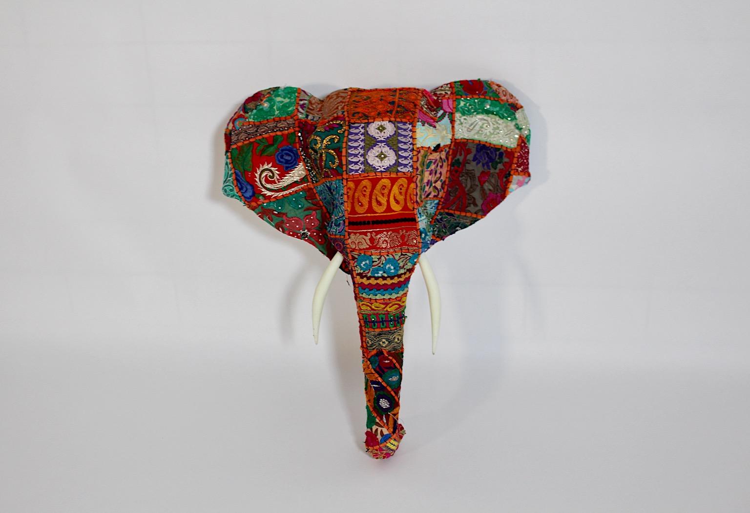 Embroidered Animal Folk Art Vintage Patchwork Fabric Embroidery Elephant Head c 1980s India For Sale