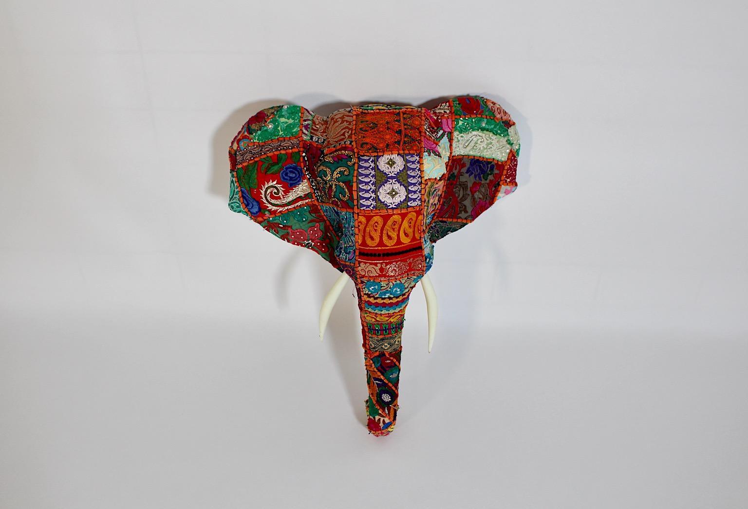 Animal Folk Art Vintage Patchwork Fabric Embroidery Elephant Head c 1980s India For Sale 2