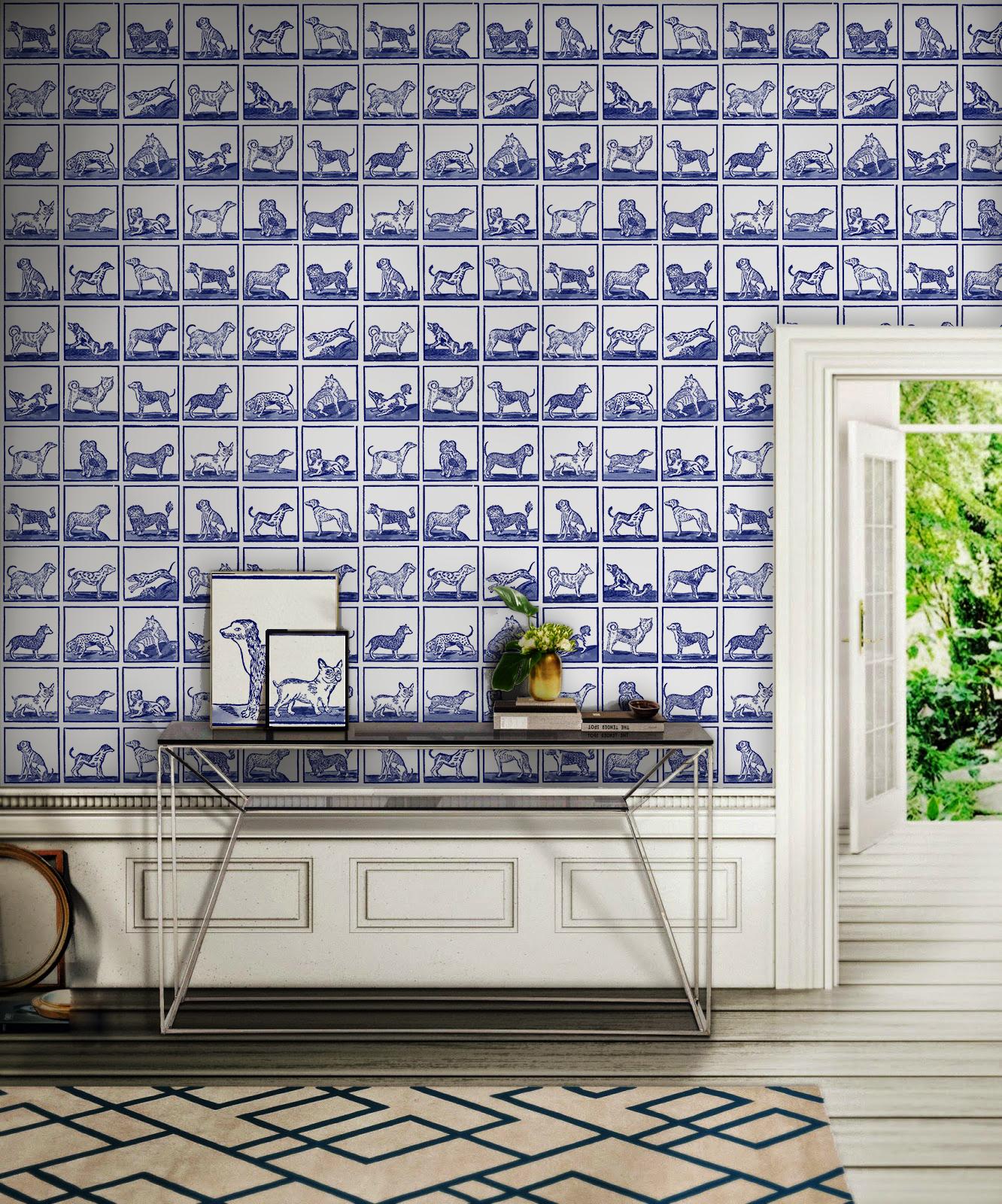 British Animal Inspired, Graphic Blue and White Wallpaper: 24 Dogs For Sale