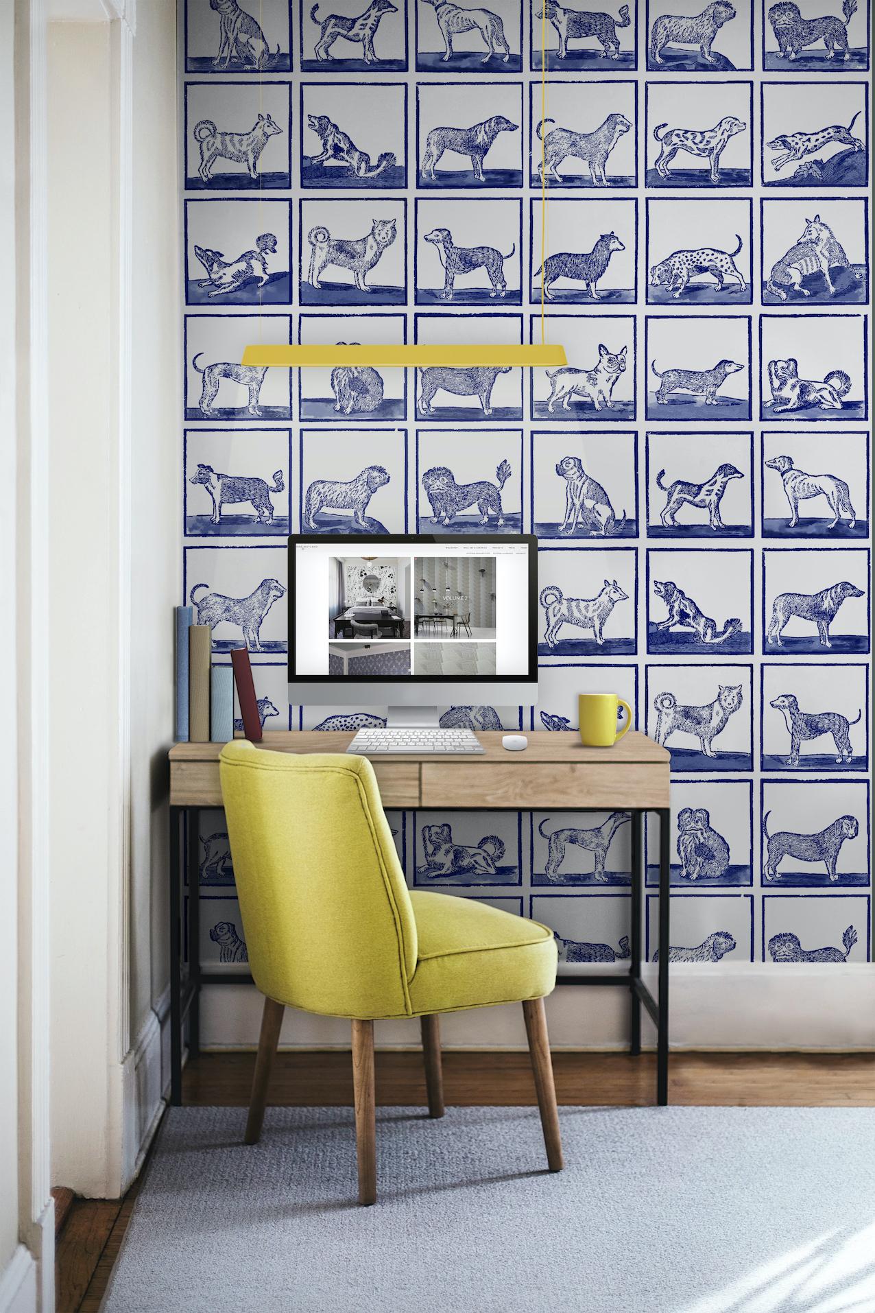 Animal Inspired, Graphic Blue and White Wallpaper: 24 Dogs In New Condition For Sale In AMSTERDAM, NH