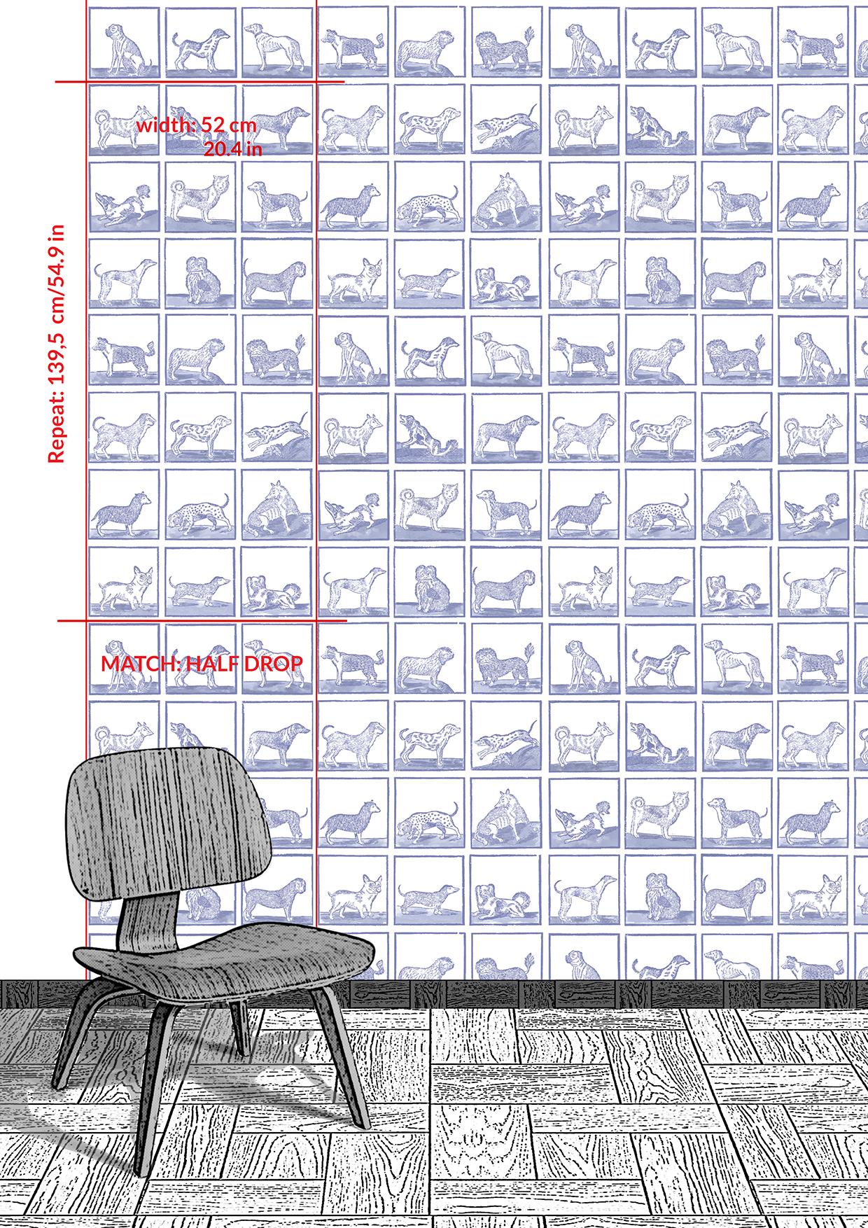Paper Animal Inspired, Graphic Blue and White Wallpaper: 24 Dogs For Sale
