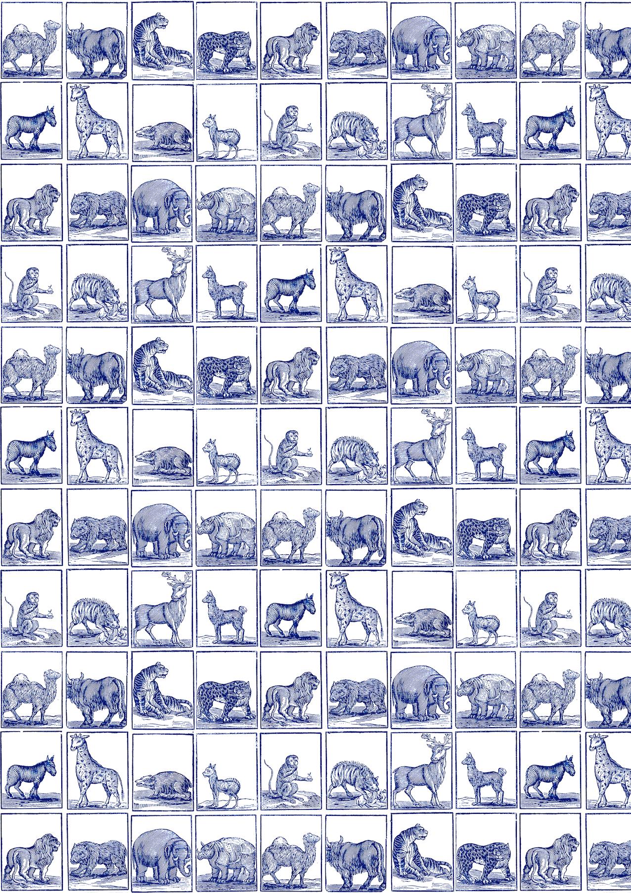 Coloniale olandese Carta da parati grafica blu e bianca ispirata agli animali: Serraglio in vendita