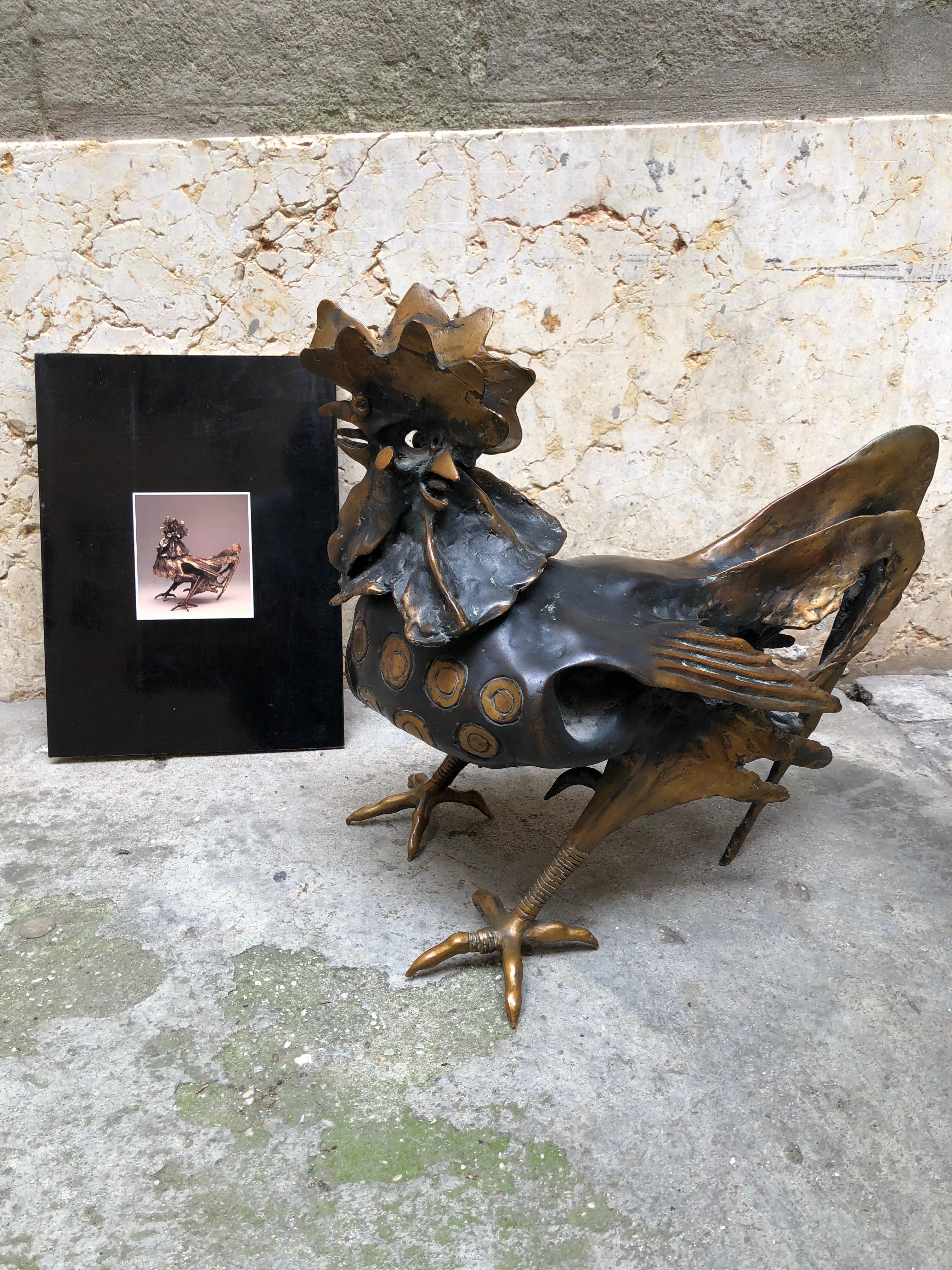 Animal Lost Wax Cast Bronze Sculpture, Signed Minguzzi Representing a Rooster 5