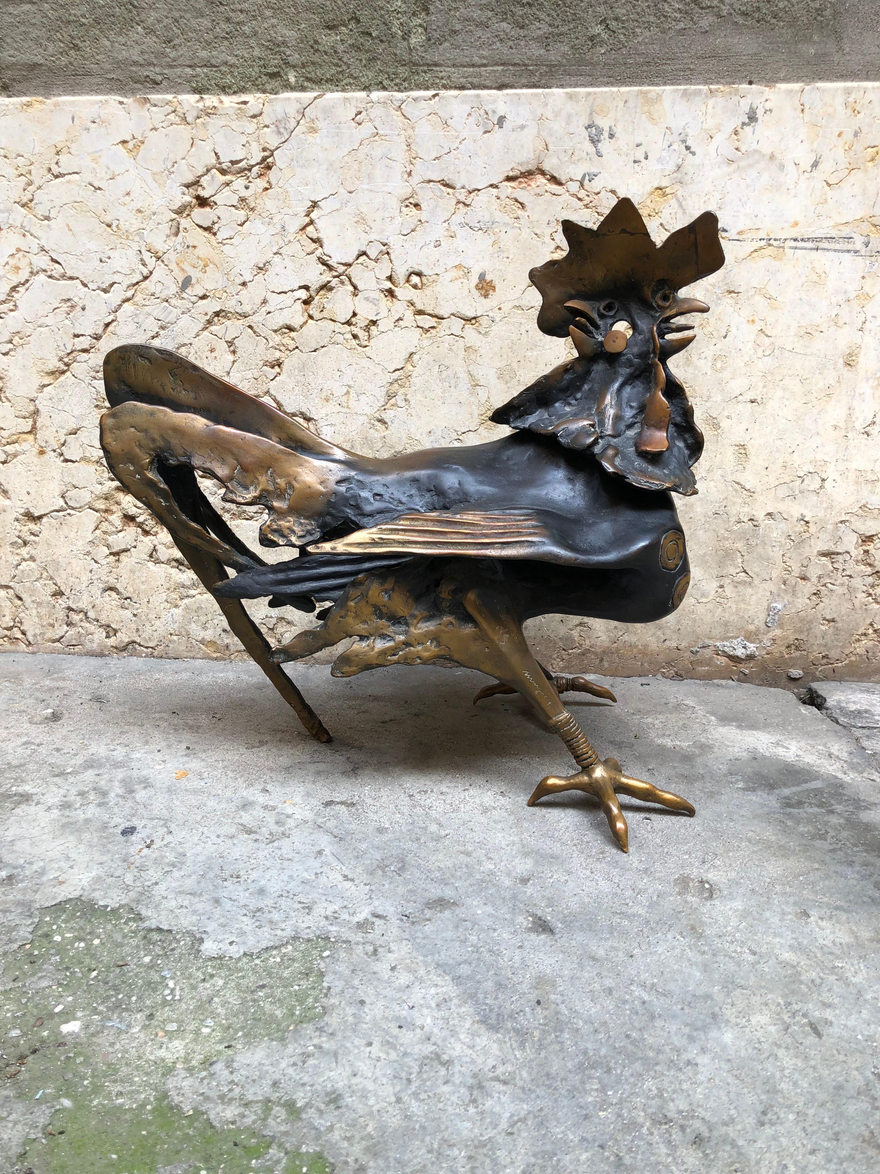 Mid-Century Modern Animal Lost Wax Cast Bronze Sculpture, Signed Minguzzi Representing a Rooster