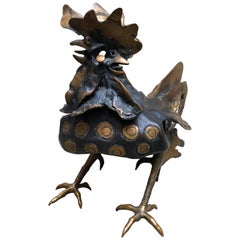 Retro Animal Lost Wax Cast Bronze Sculpture, Signed Minguzzi Representing a Rooster