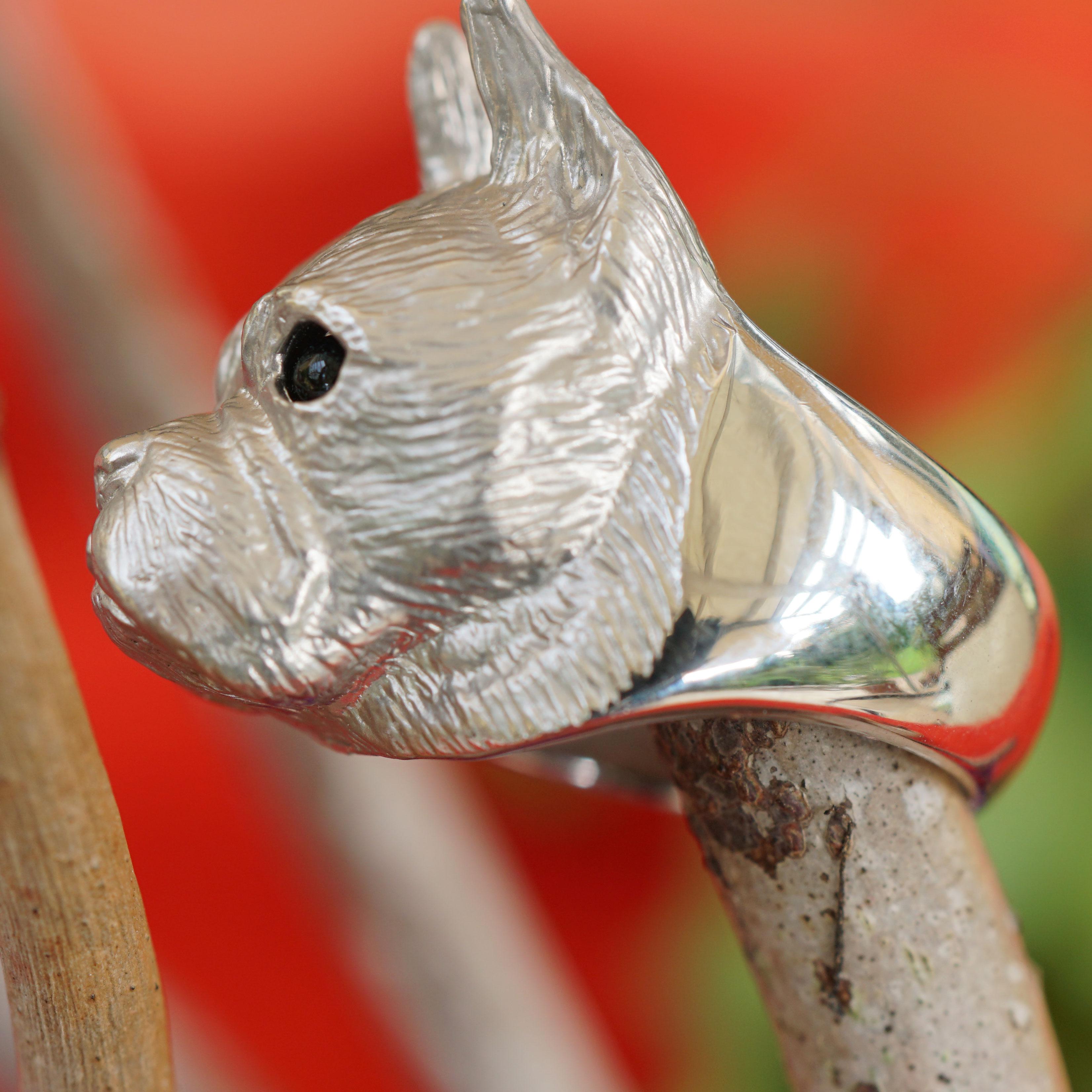 Modern Animal Motif Ring Sooo Cute a Boxer Dog Head 14 Kt White Gold For Sale