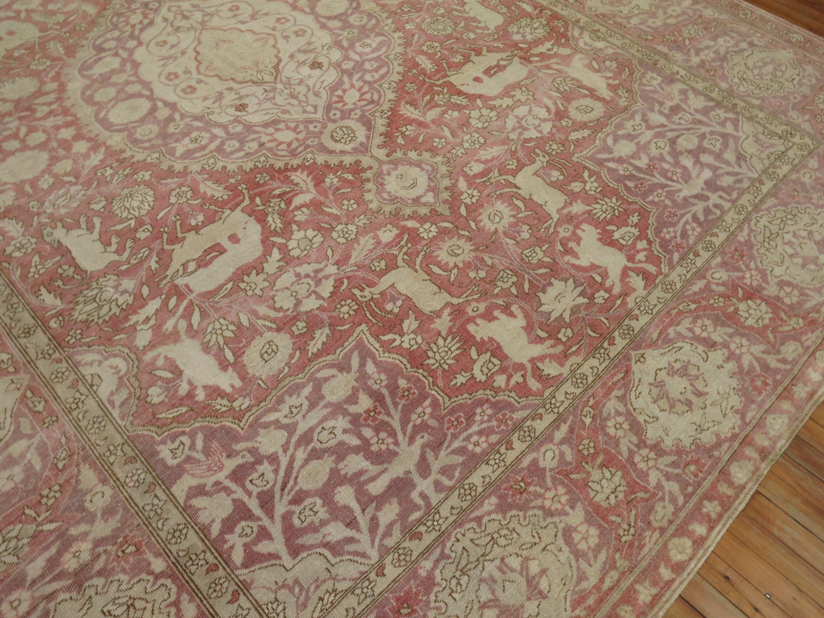 Animal Motif Rose Lavender Turkish Room Size Rug, 20th Century For Sale 5