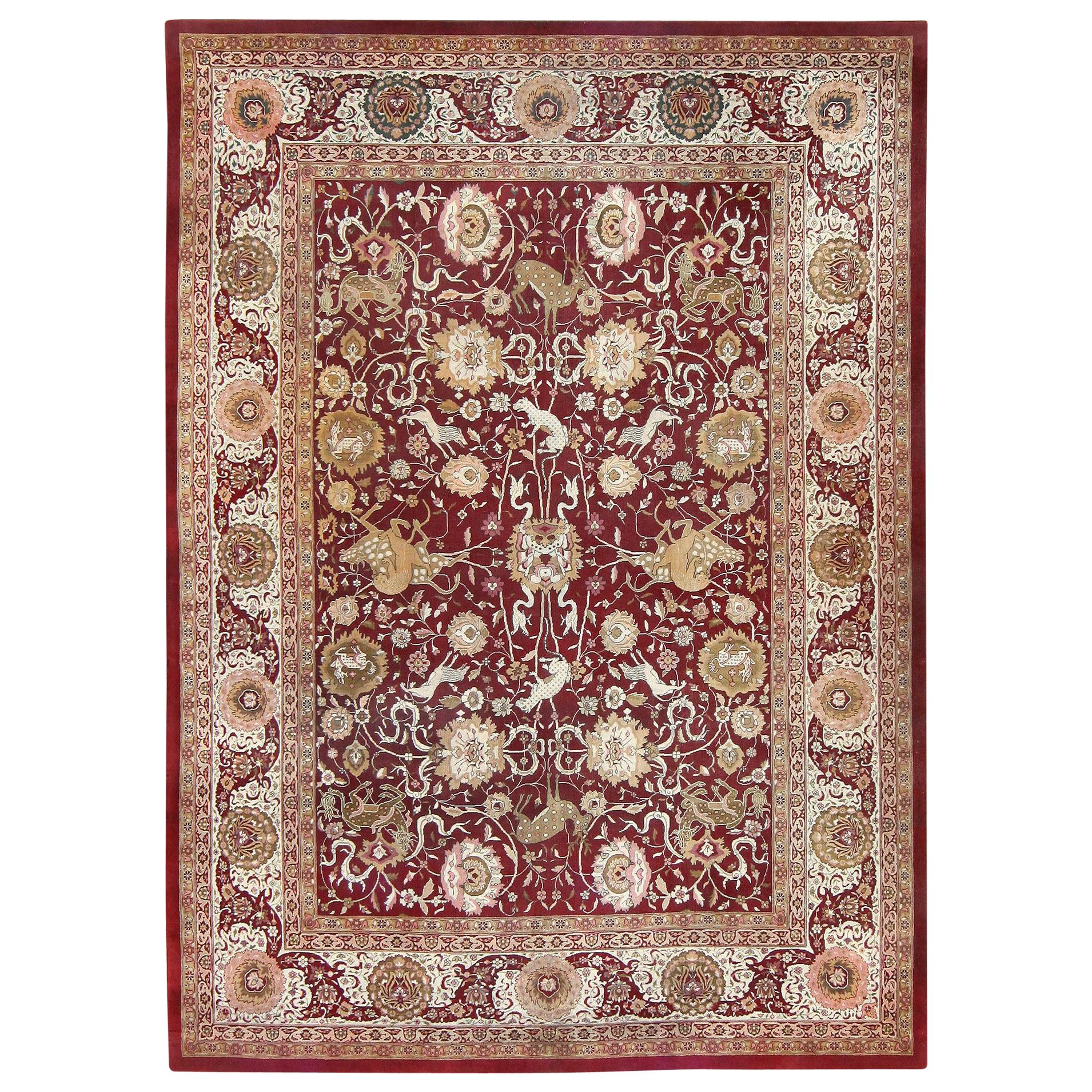 Animal Patterned Room Sized Antique Indian Agra Rug. Size: 10 ft x 13 ft 8 in