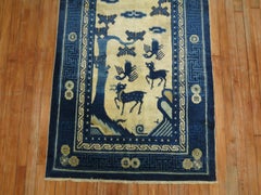 Animal Pictorial Beige Blue Chinese Runner, Early 20th Century