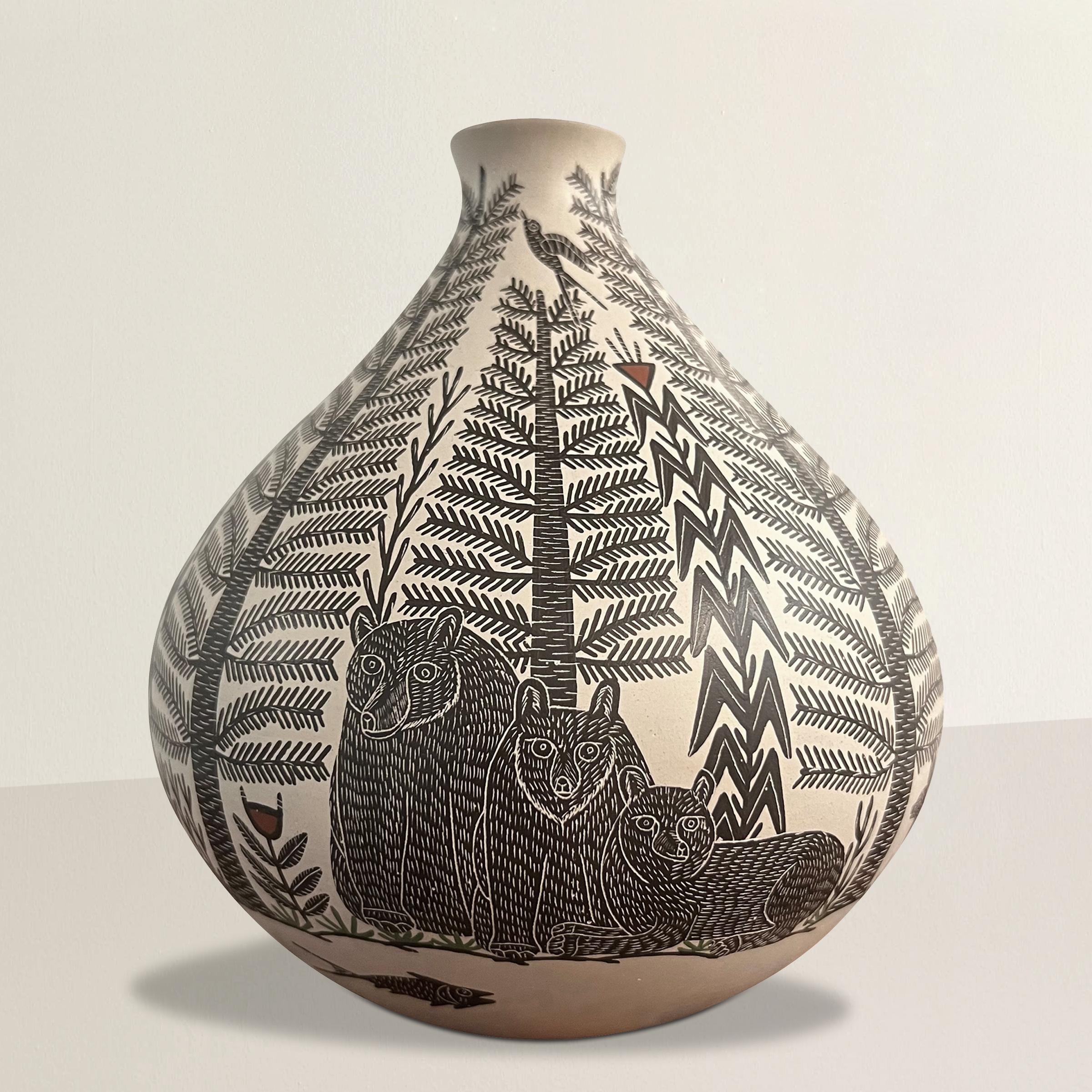This exquisite white ceramic pot by Hector Gallegos is a masterful example of Mata Ortiz pottery, etched with a rich tapestry of animals including several bears, a coyote, a deer, various birds, fish, and a rabbit, all living amidst intricately