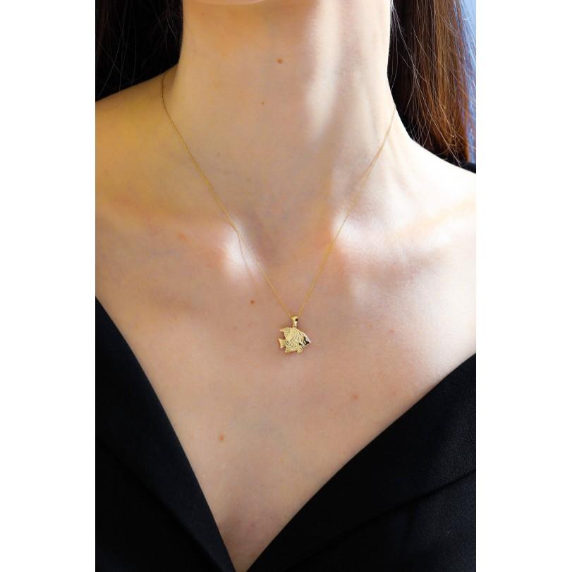 0.01ct Gold And Diamond Fish Necklace In New Condition For Sale In Fatih, 34