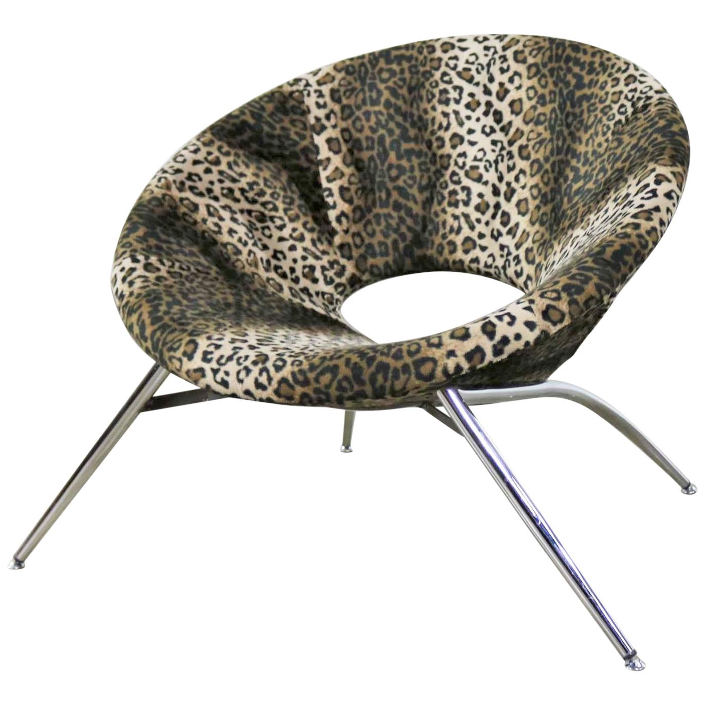 Animal Print and Chrome Round Hoop Bucket Tub Chair Made in Italy For Sale