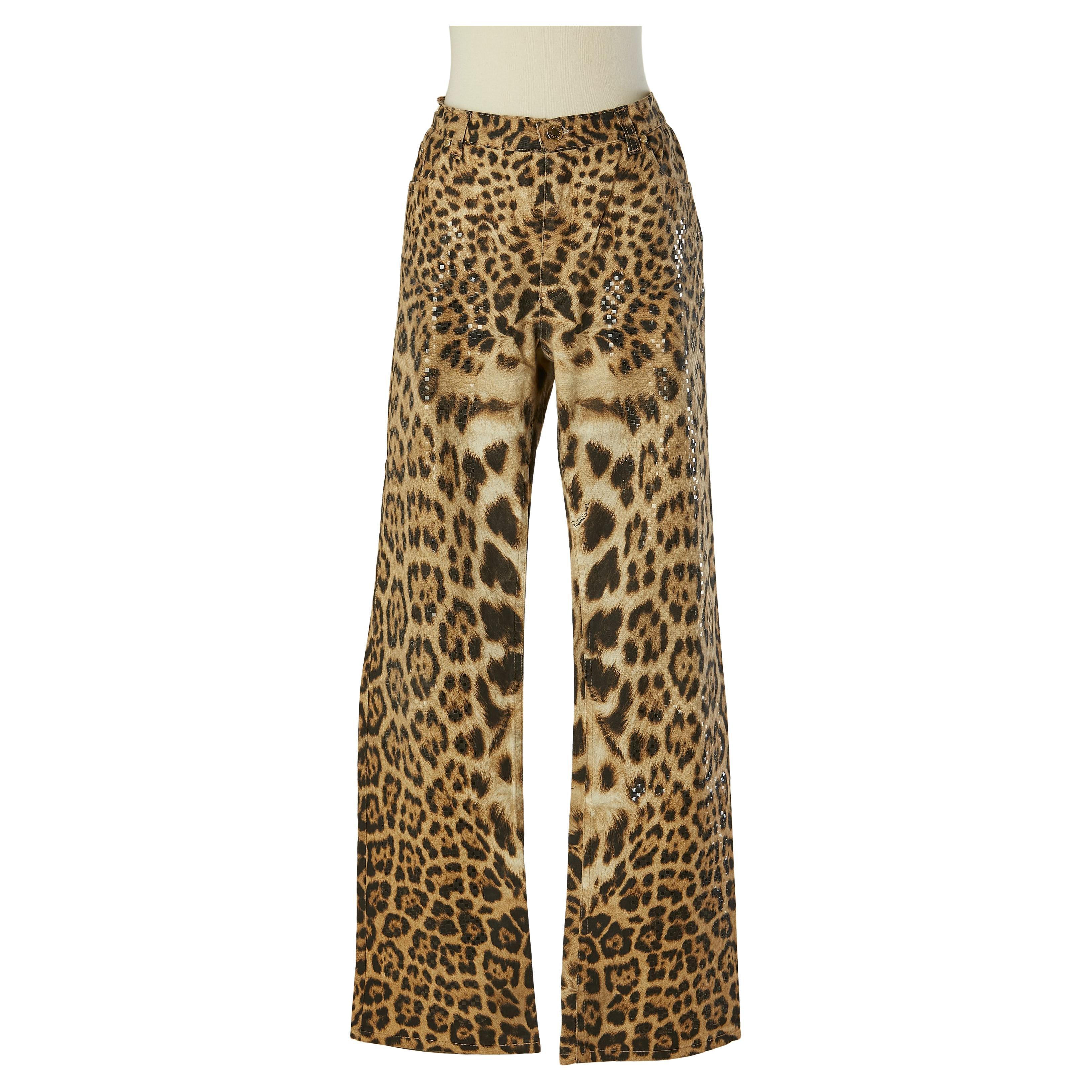 Pantaloni in cotone con stampa animalier e applicazioni in plastica trasparente Roberto Cavalli
