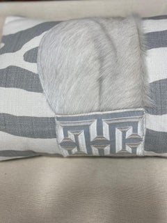 Animal Print Heavy Linen Lumbar Pillow with Real Hairhide Accent and Trim