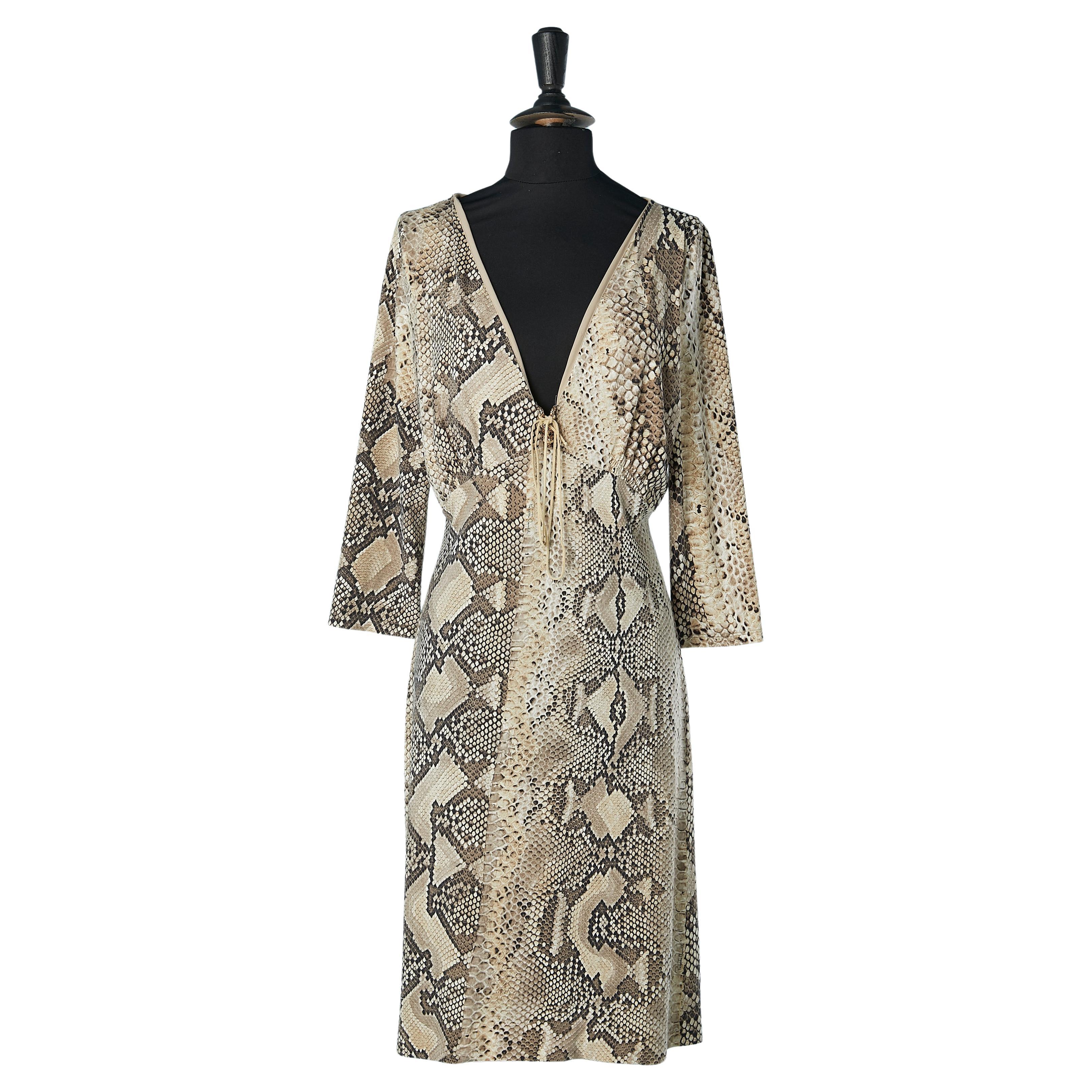 Animal print jersey dress with gold metal snake detail on bust Roberto Cavalli  For Sale