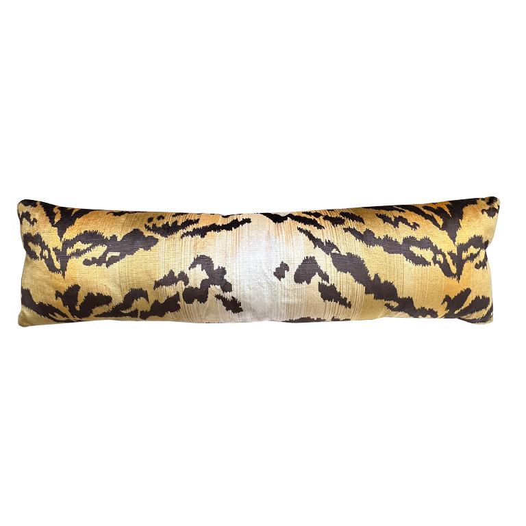 Animal motif Tiger Print lumbar pillow. Multiple available. The front features a gorgeous thick velvet animalia print. The back features a crisp cream. Down filled. Knife edge with zipper. In the style of Scalamandre's Le Tigre