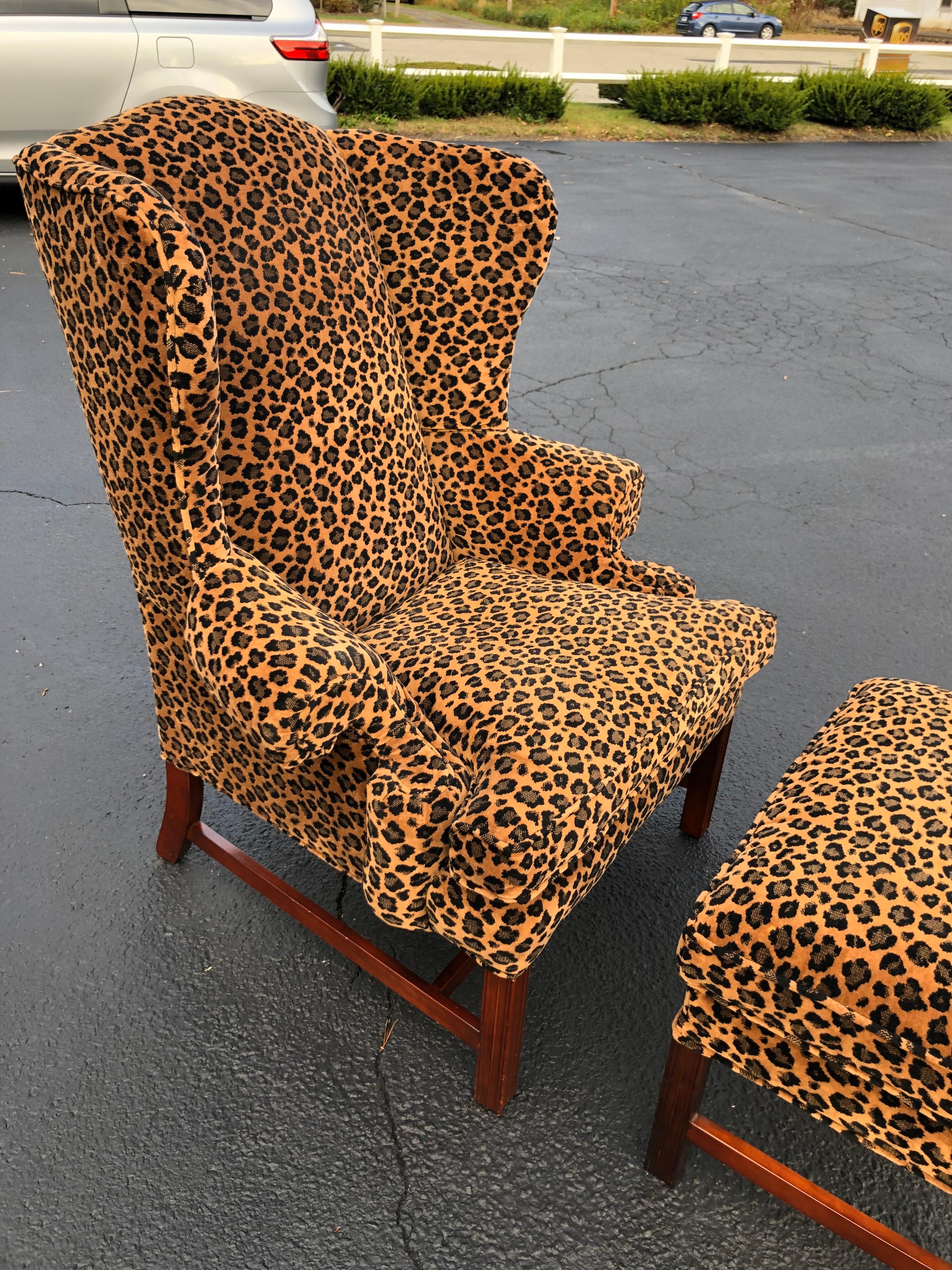 Animal Print Wingback Chair and Ottoman 3