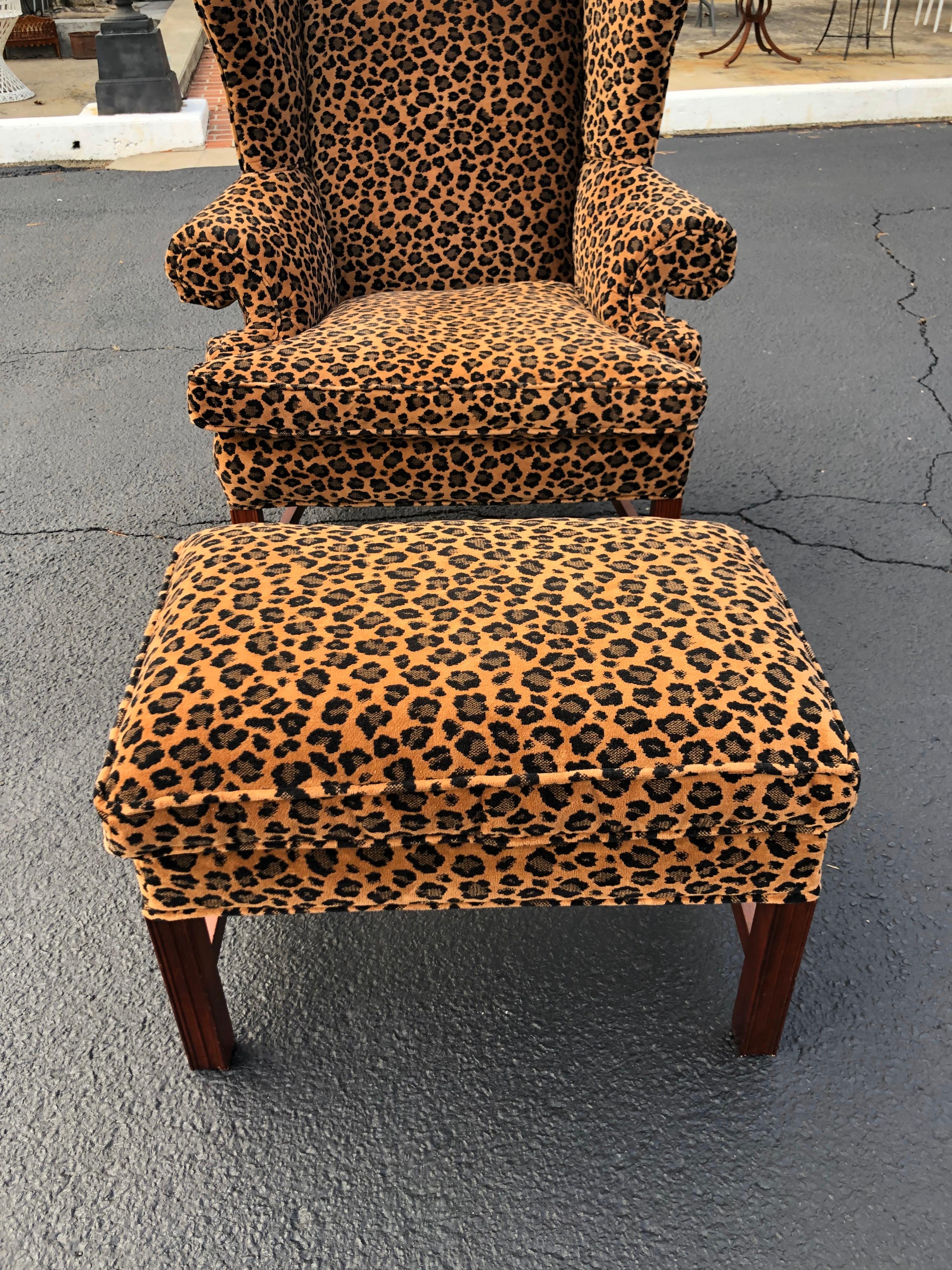 Animal Print Wingback Chair and Ottoman In Good Condition In Redding, CT