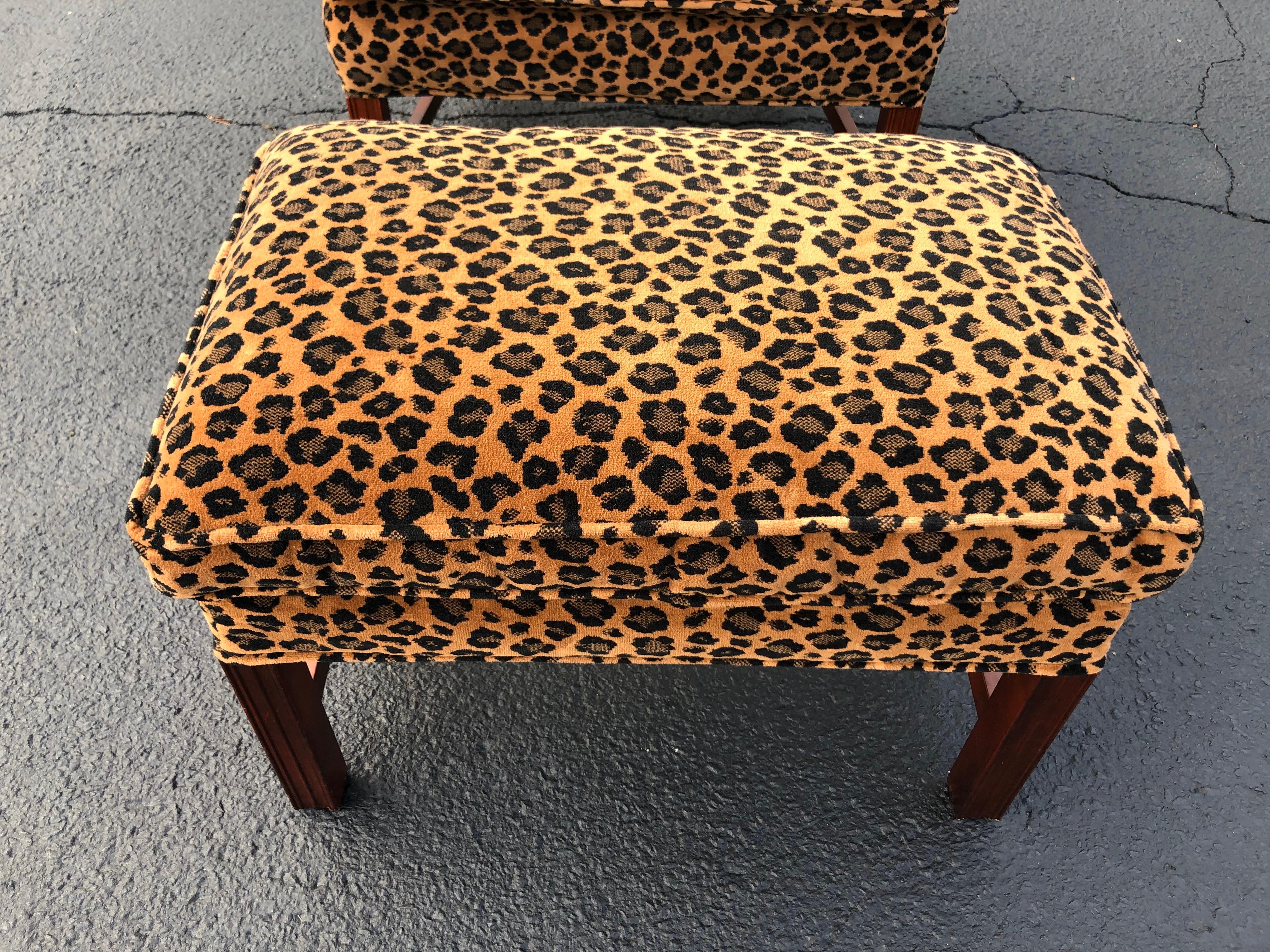 Late 20th Century Animal Print Wingback Chair and Ottoman