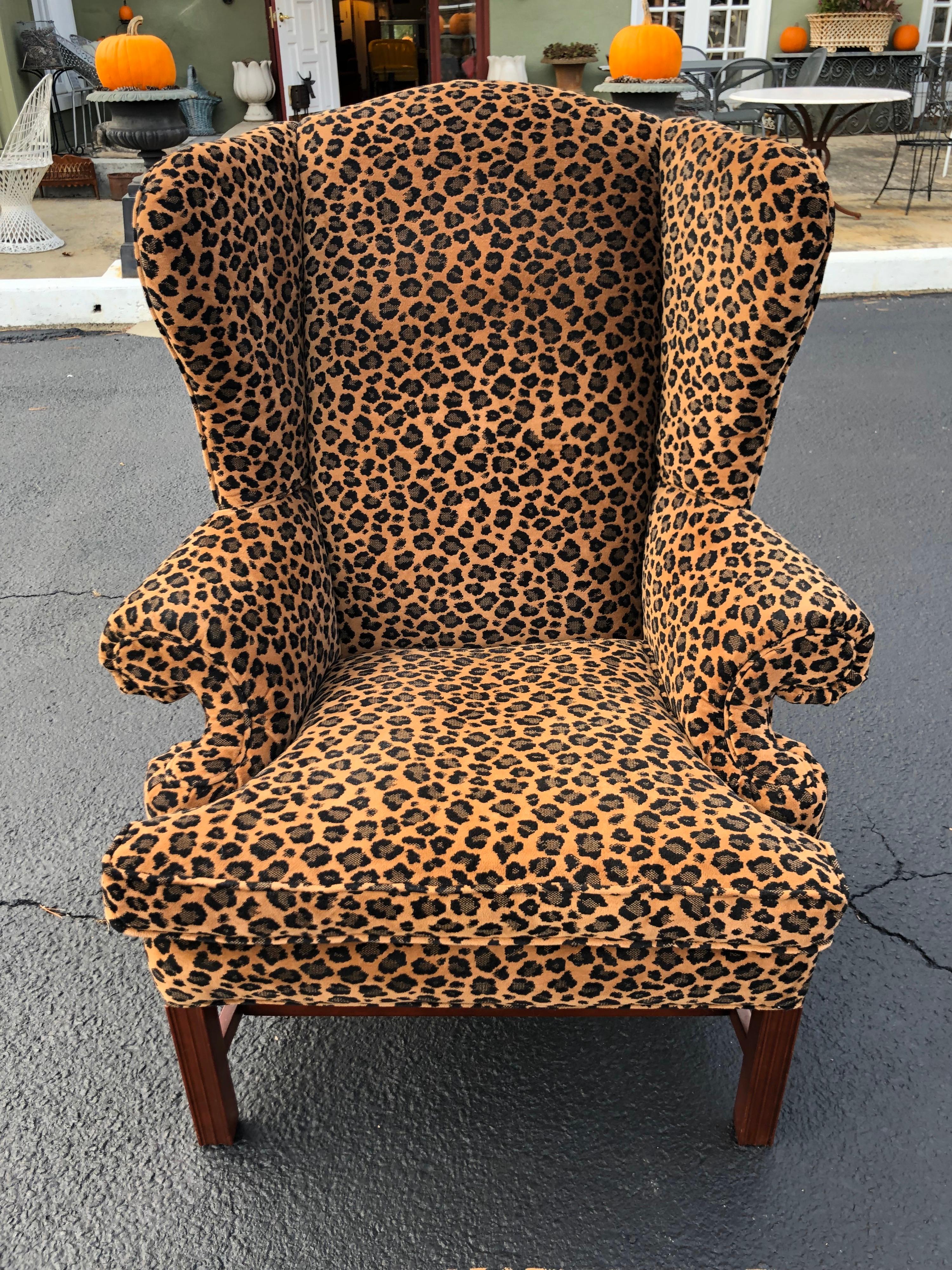 Chenille Animal Print Wingback Chair and Ottoman