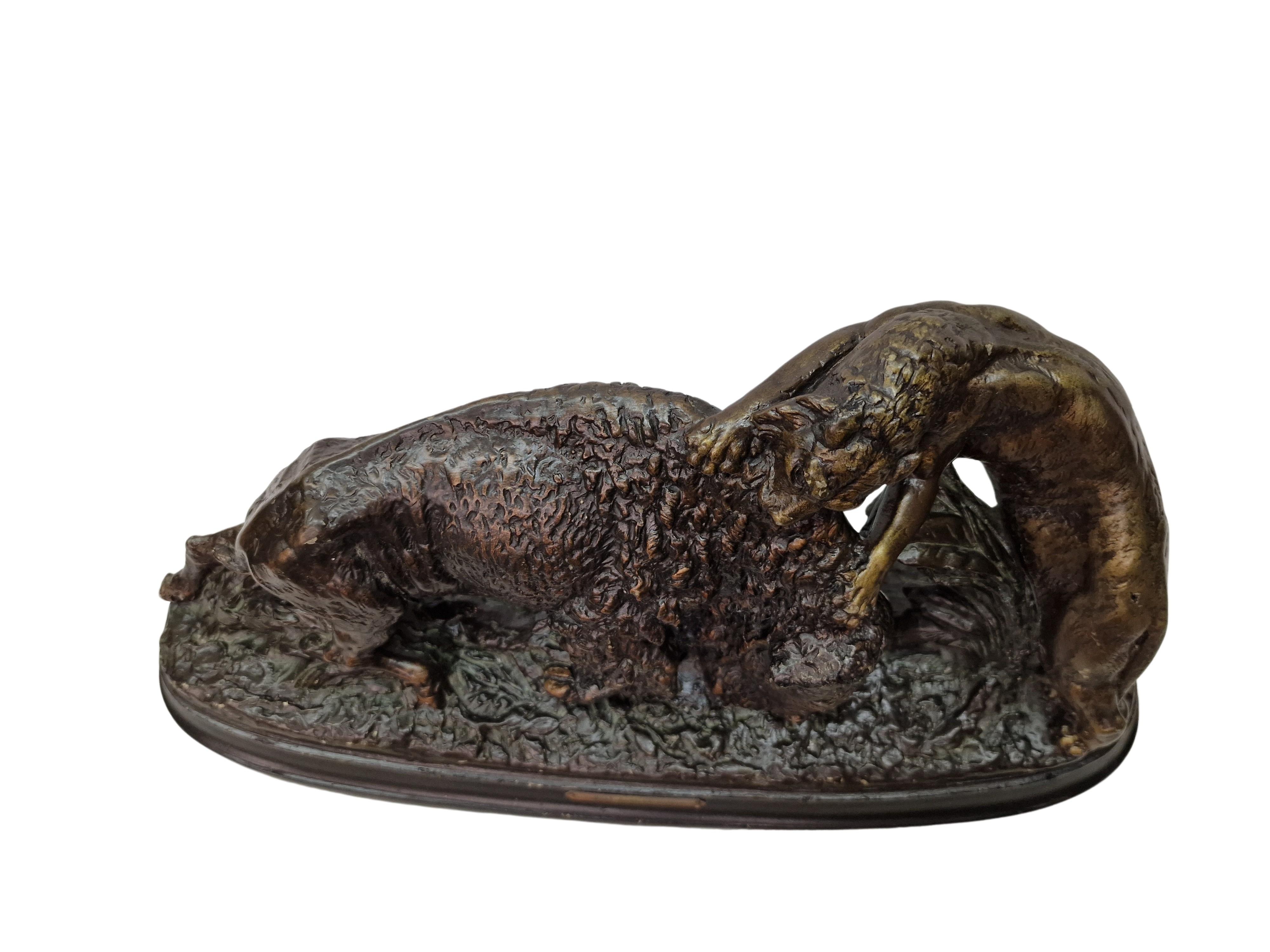 American Classical Animal sculpture panter and bison bull, hunt combat in the jungle, 1900, France