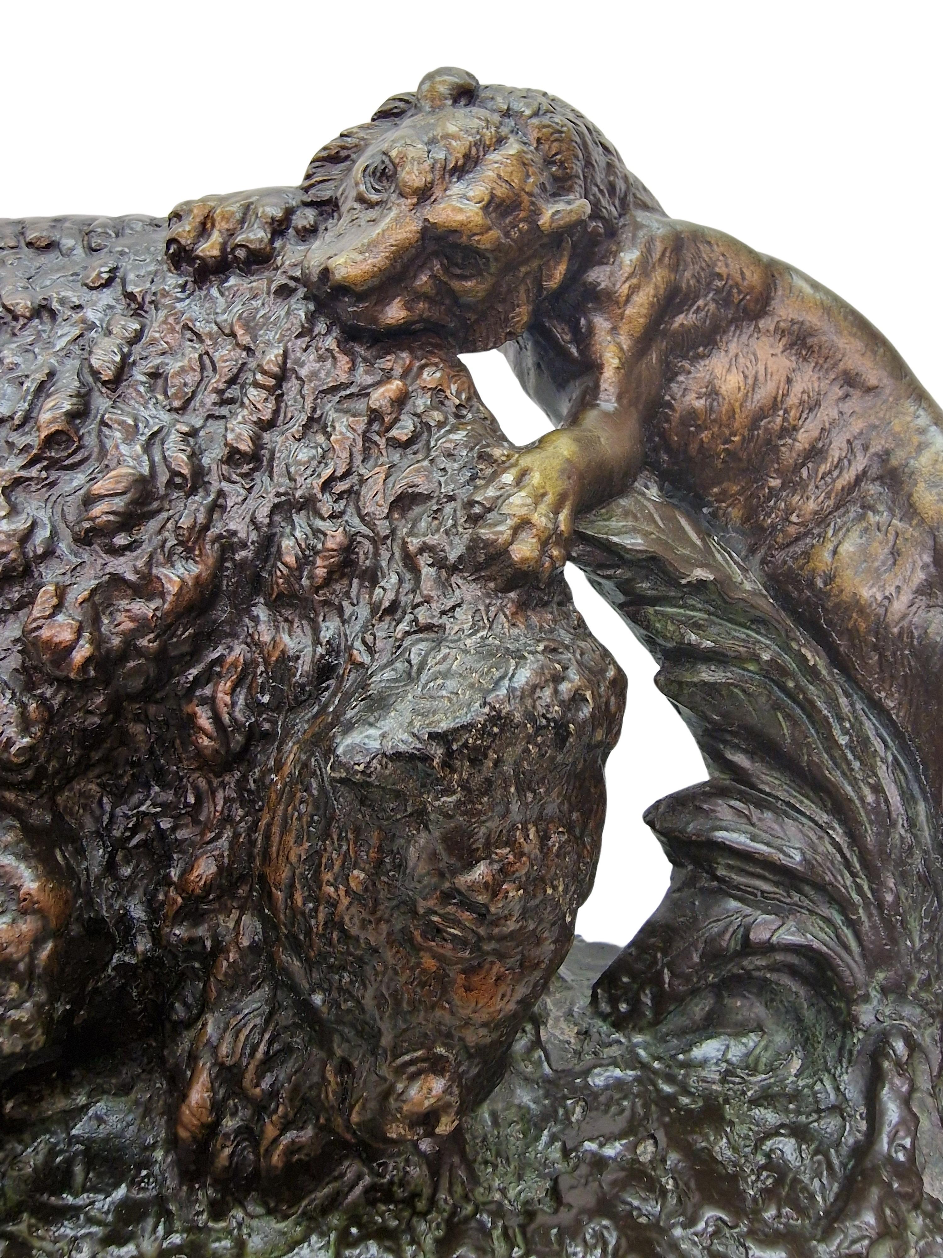 French Animal sculpture panter and bison bull, hunt combat in the jungle, 1900, France