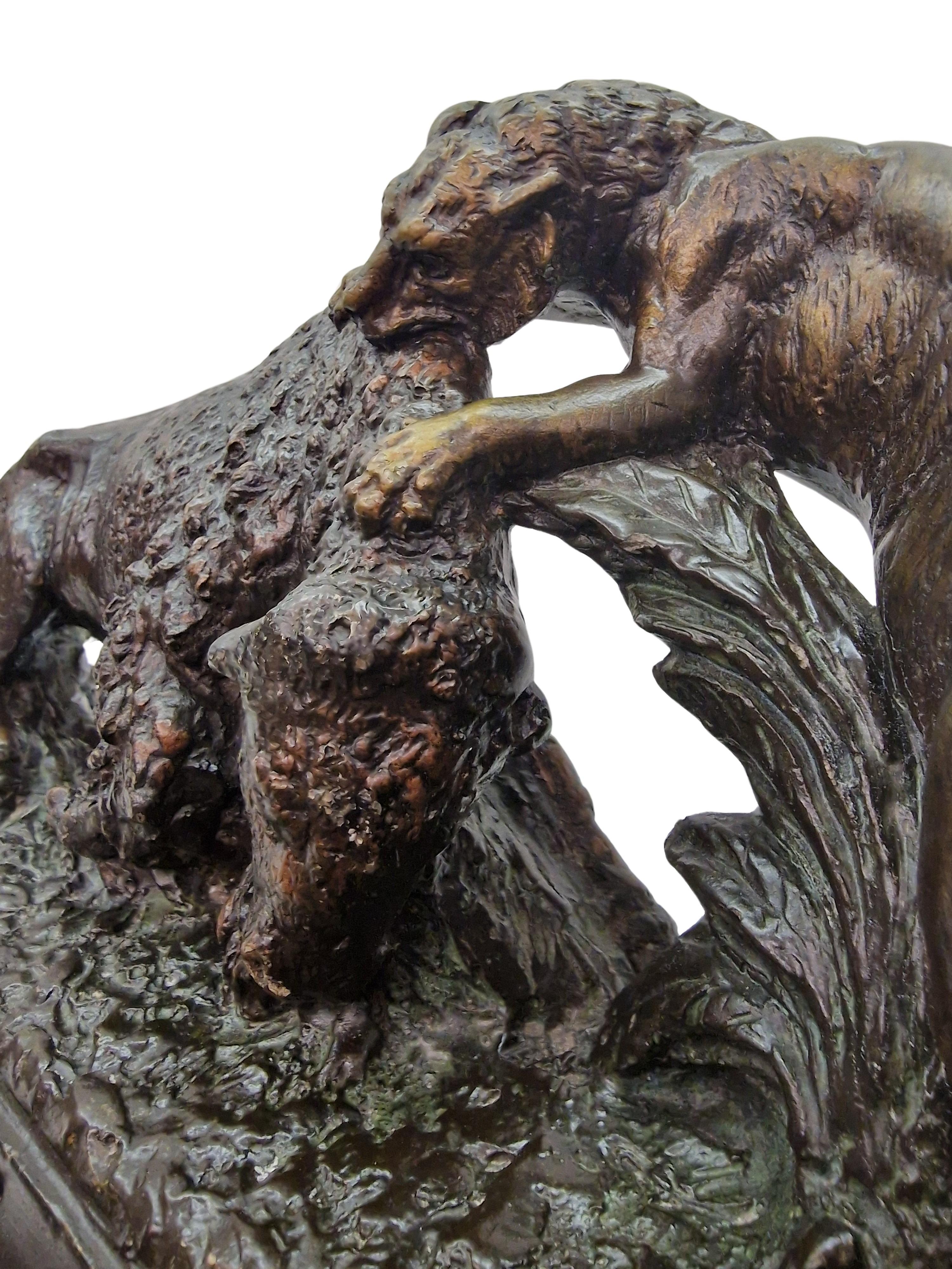 Plaster Animal sculpture panter and bison bull, hunt combat in the jungle, 1900, France