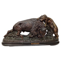 Animal sculpture panter and bison bull, hunt combat in the jungle, 1900, France