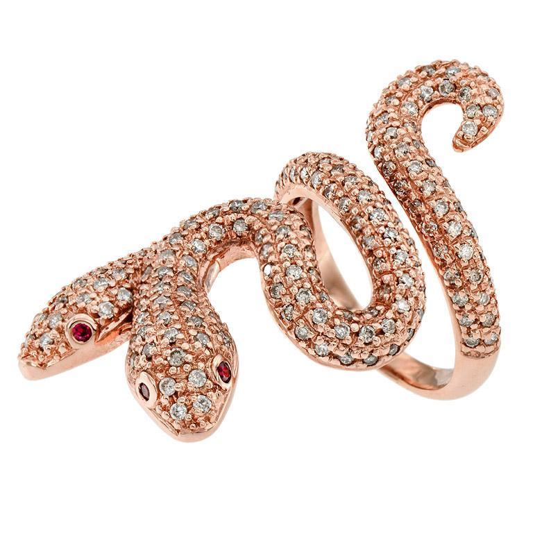 Animalia Two Headed Snake with Ruby Eyes and Diamond Ring in 18K Rose Gold