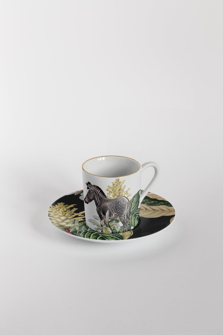 Animalia, Coffee Set with Six Contemporary Porcelains with Decorative Design For Sale 2
