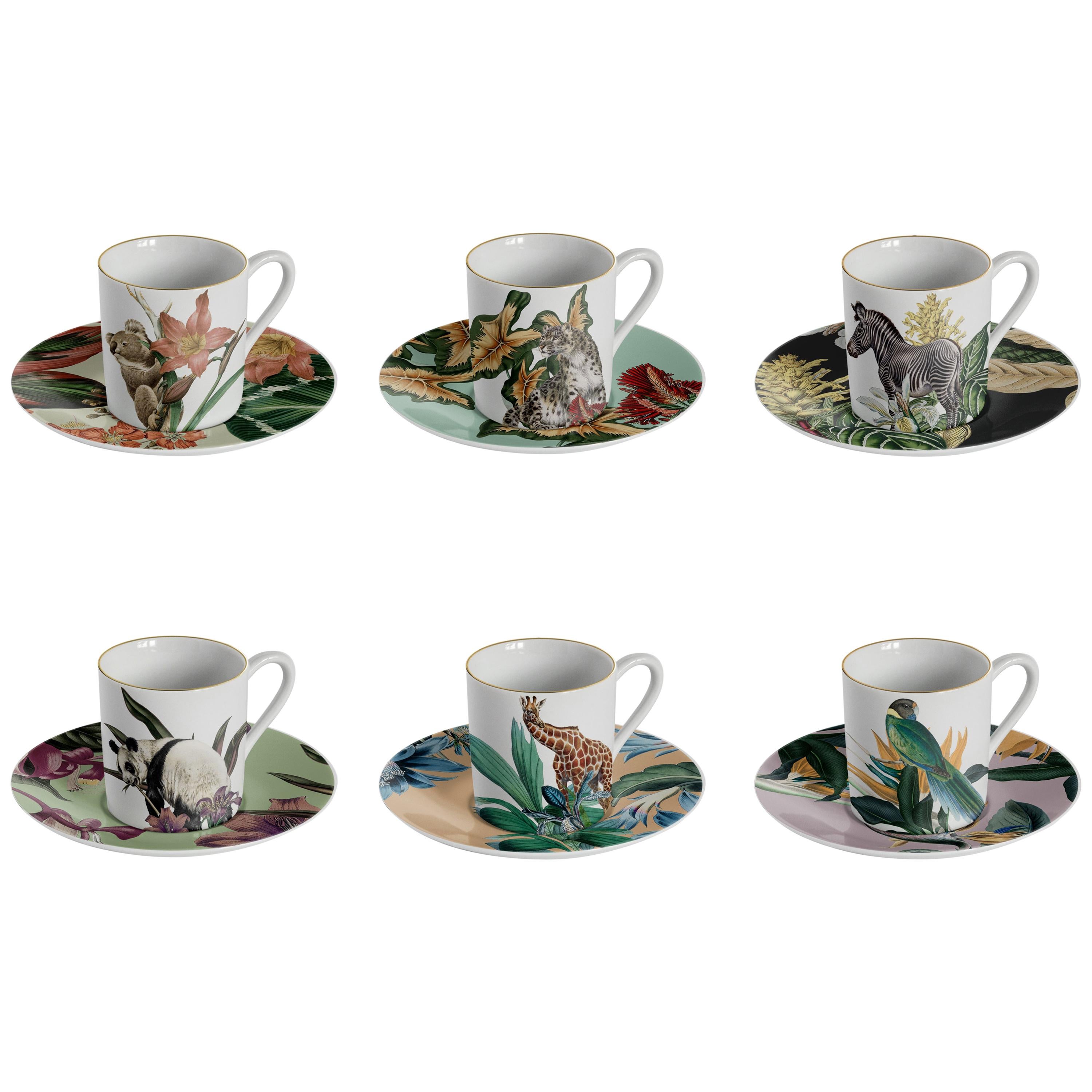 Animalia:: Kaffeeservice mit sechs zeitgenössischen Porzellanen mit dekorativem Design