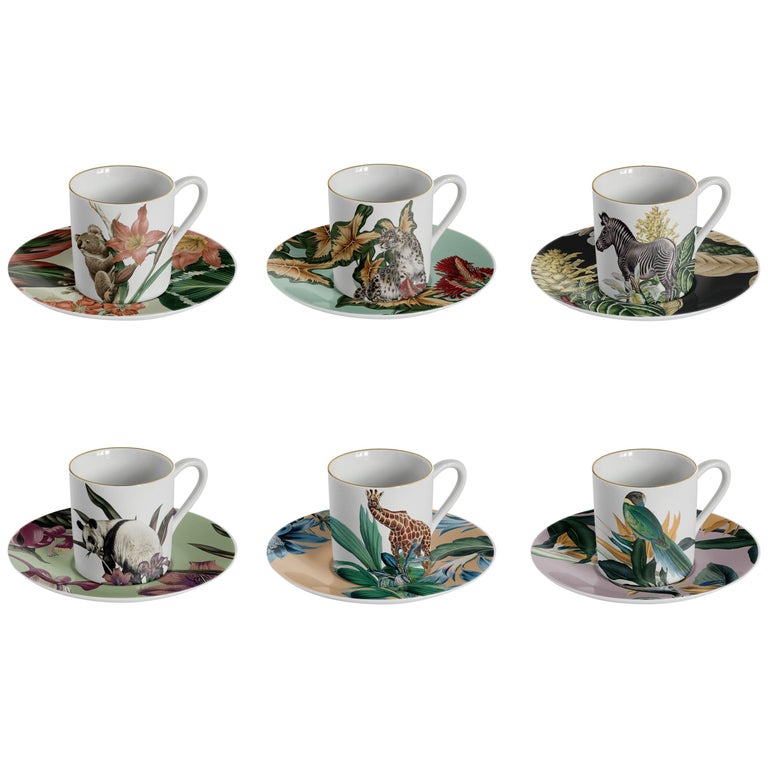 Animalia, Coffee Set with Six Contemporary Porcelains with Decorative Design For Sale