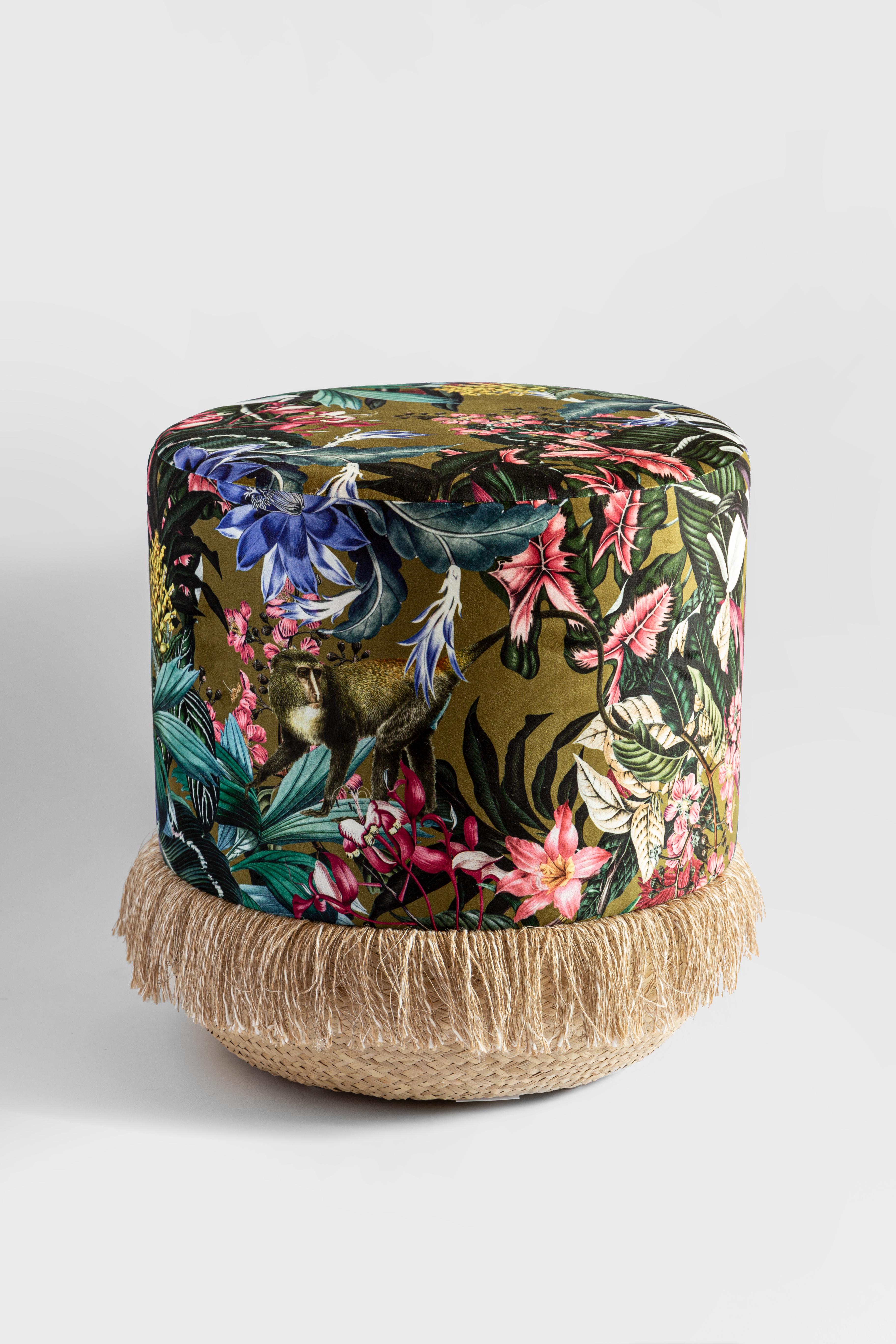 Pouf handmade by Italian expert craftsmen. High quality straw base and printed velvet covering. 
The decoration of this model is composed of tropical flowers and large leaves, where a wild cheetah and monkey are hidden.