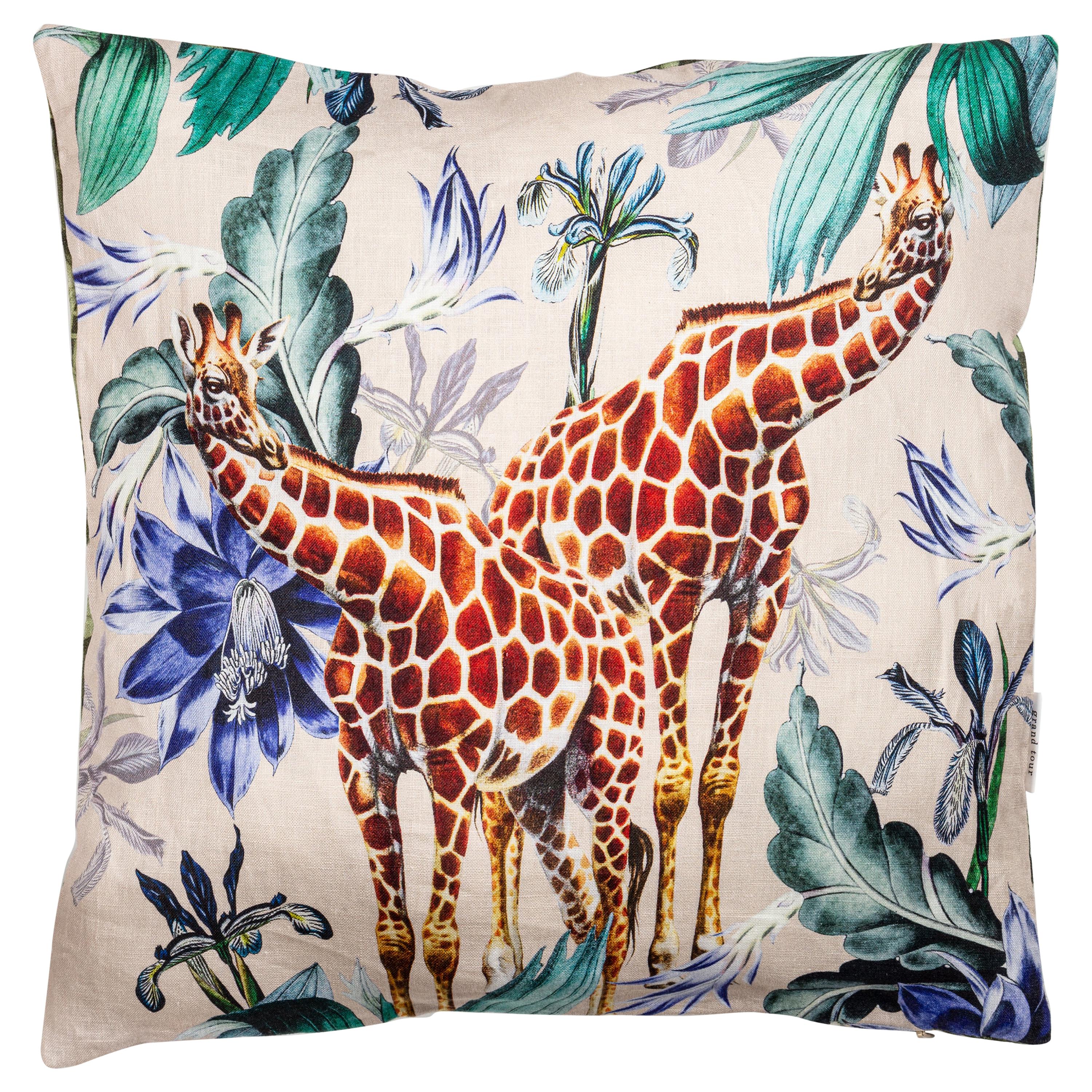 Animalia, Giraffes, Contemporary Linen Printed Pillow by Vito Nesta