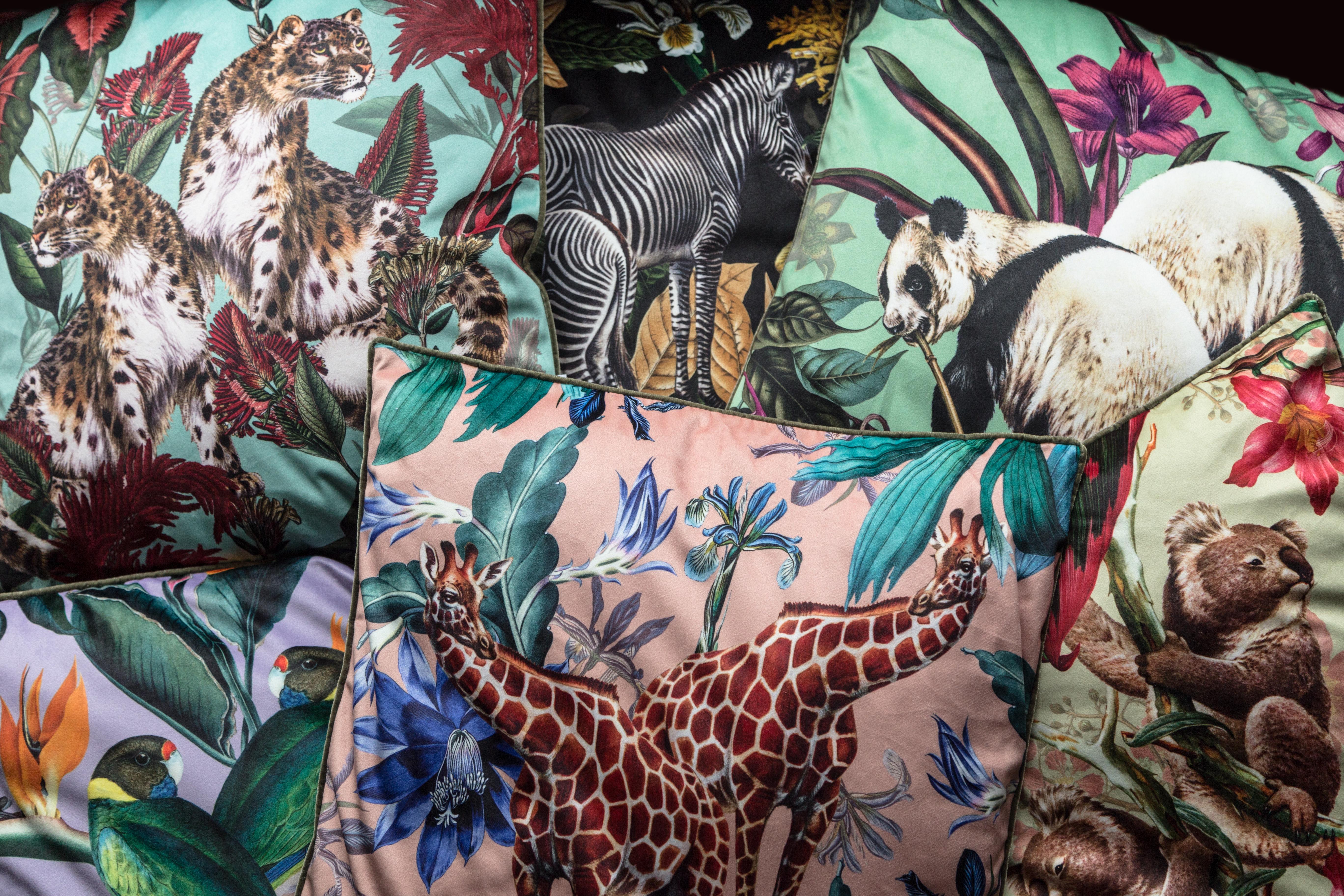 Italian Animalia, Giraffes, Contemporary Velvet Printed Pillow by Vito Nesta For Sale