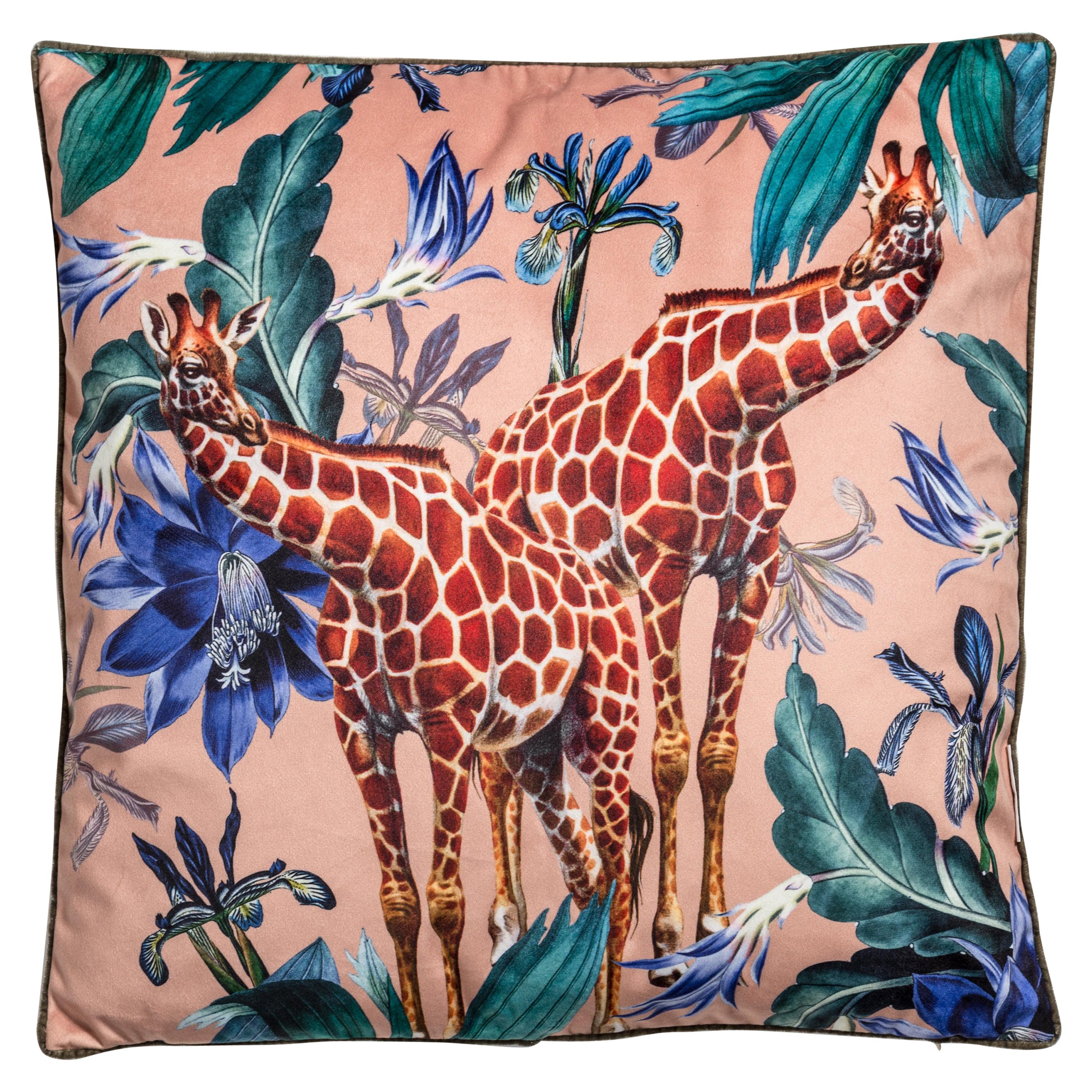 Animalia, Giraffes, Contemporary Velvet Printed Pillow by Vito Nesta