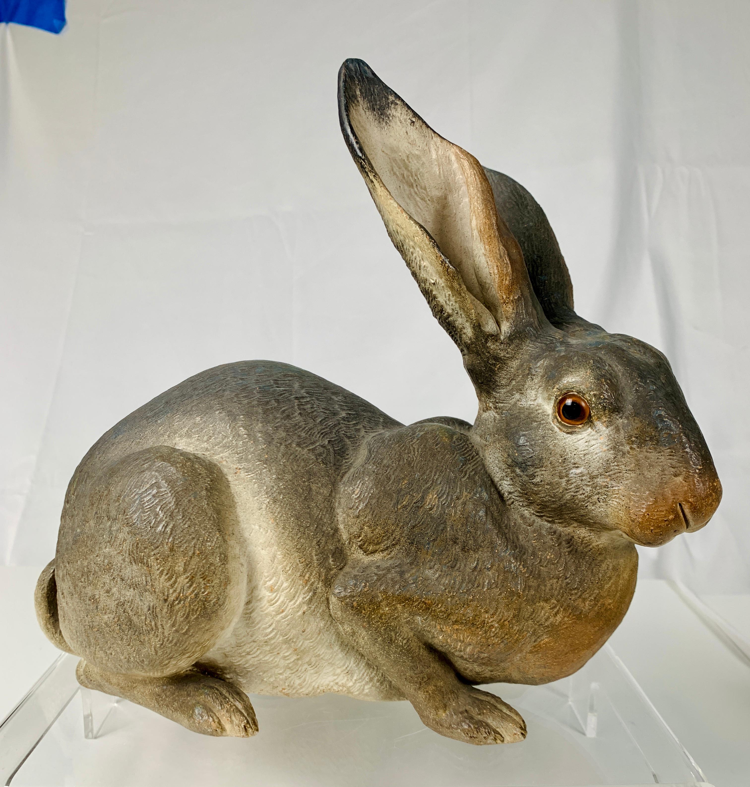 19th Century Animalia Life-Size Model of a Rabbit Hand-Painted Made of Terracotta