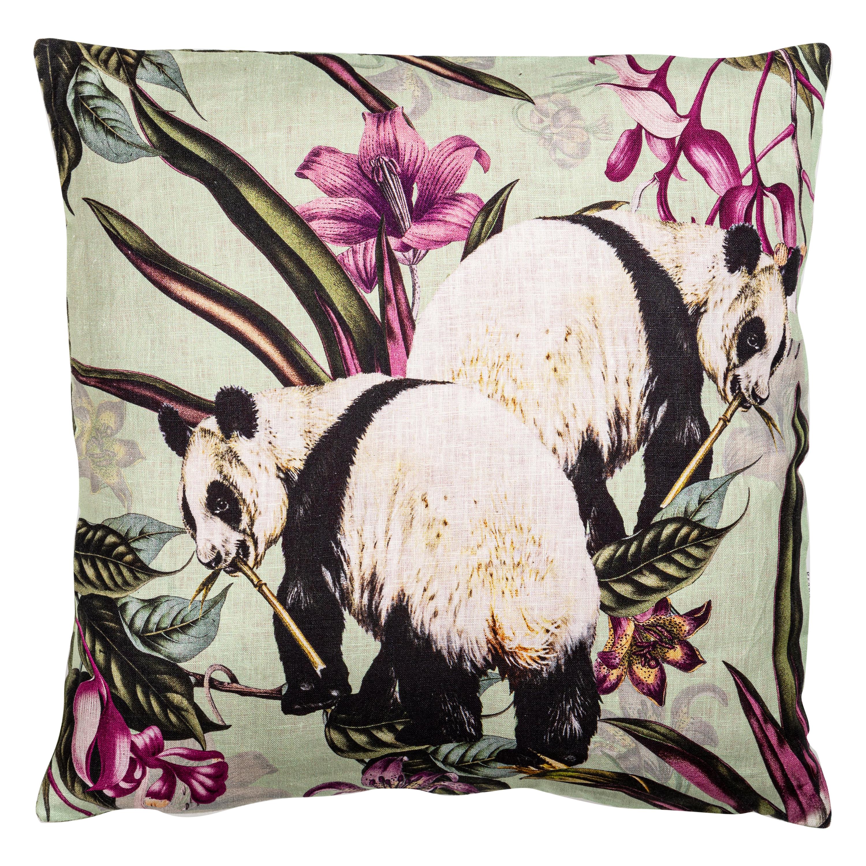 Animalia, Pandas, Contemporary Linen Printed Pillow by Vito Nesta For Sale