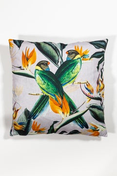 Animalia, Parrots, Contemporary Linen Printed Pillow by Vito Nesta