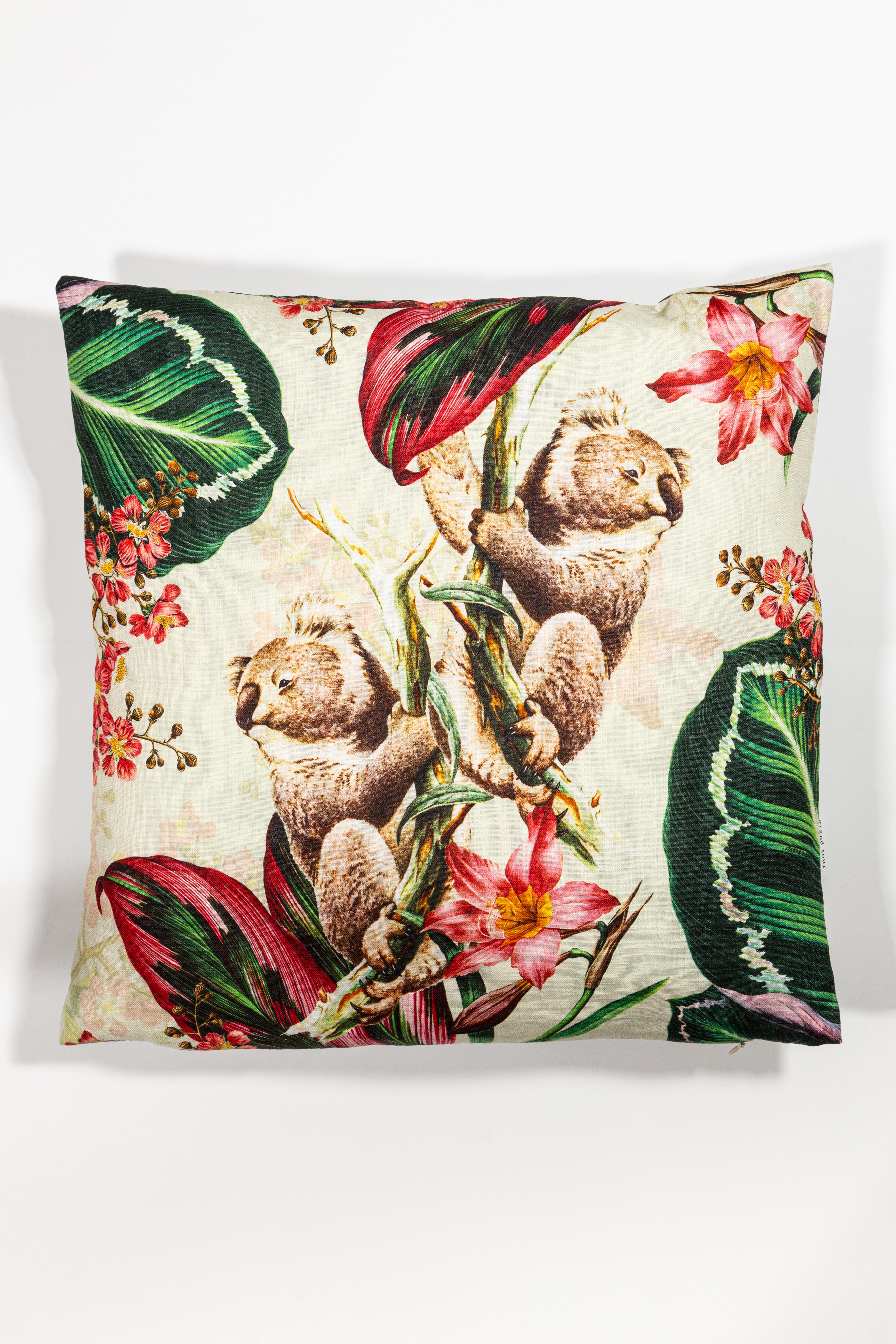 Italian Animalia, Parrots, Contemporary Linen Printed Pillow by Vito Nesta For Sale