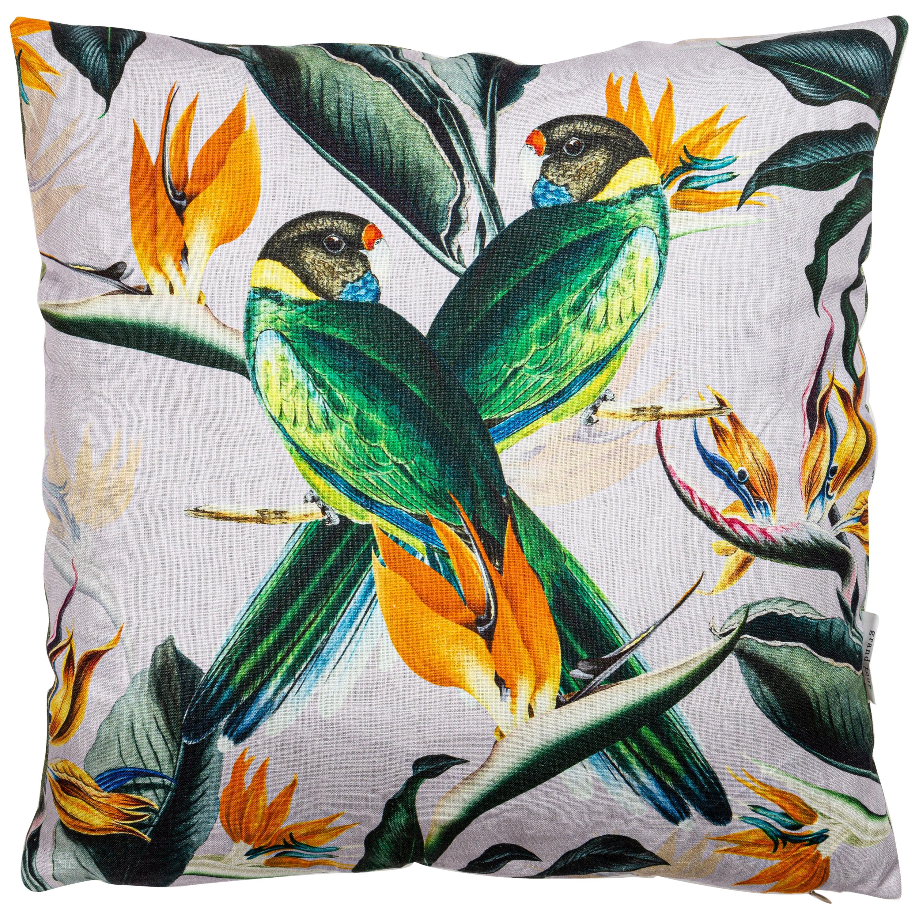 Animalia, Parrots, Contemporary Linen Printed Pillow by Vito Nesta