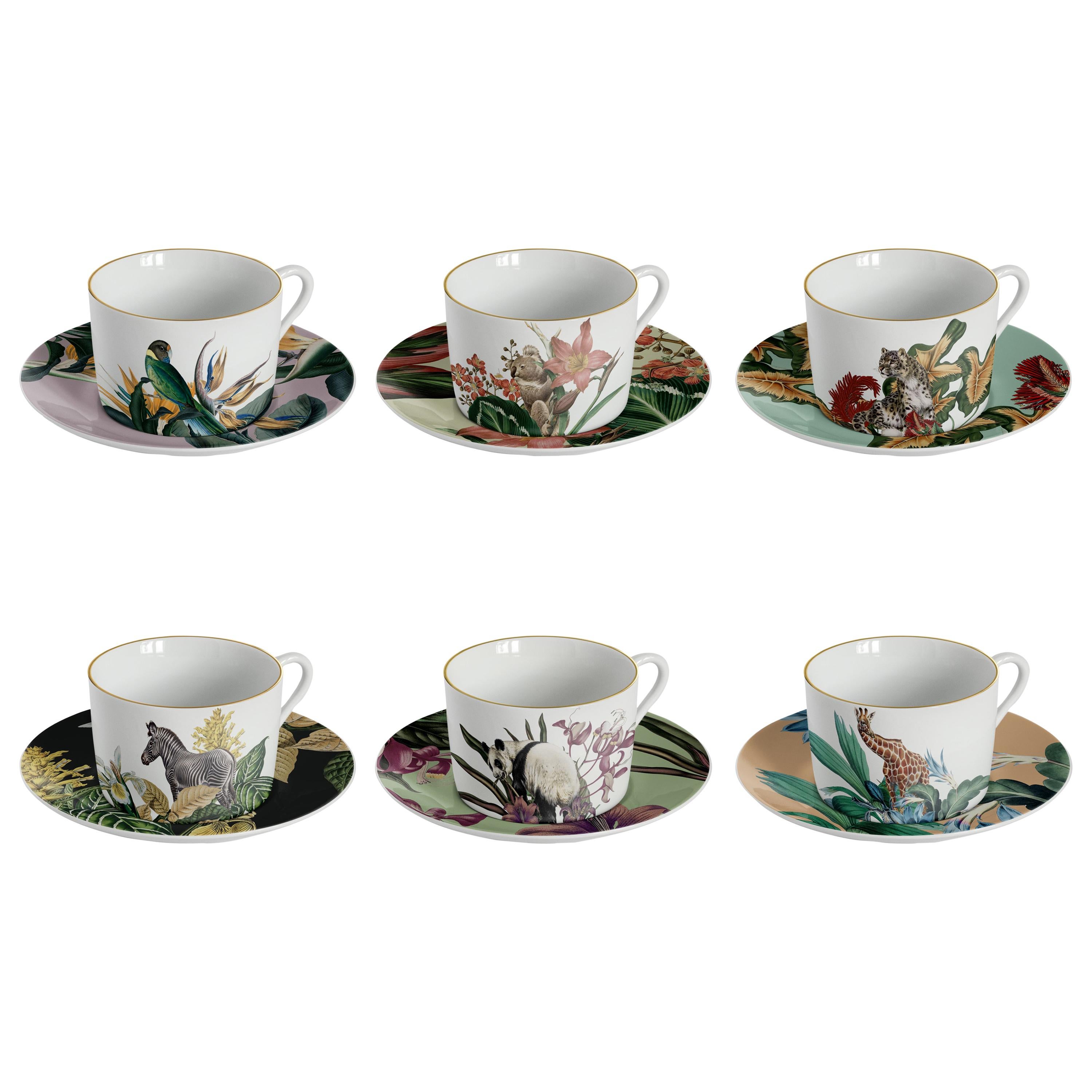 Animalia, Tea Set with Six Contemporary Porcelains with Decorative Design
