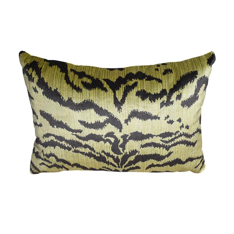 Animal motif tiger print lumbar pillow. Multiple available. The front features a gorgeous thick velvet animal print in green and black. The back features crisp white linen. Down-filled. Knife edge with zipper at the bottom. Fabric is after