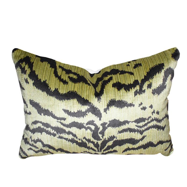 Belgian Animalia Tiger Print Down Filled Pillow in Green and Black after Scalamandre For Sale